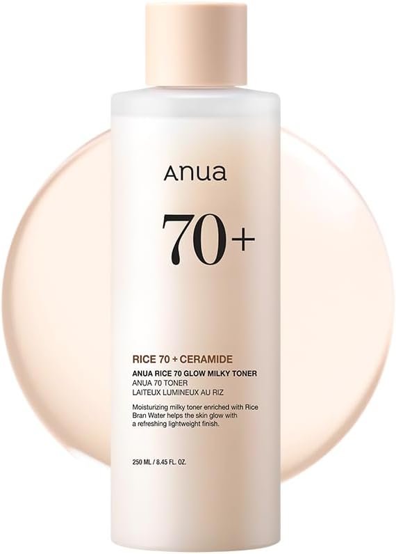 Anua Rice 70 Glow Milky Toner, Glass & Dewy Skin, Hydrating & Barrier Care, Rice Water, Niacinamide, Ceramides, All Skin Types, Fragrance-Free, Non Comedogenic, Korean Skincare, 8.45 fl.oz.