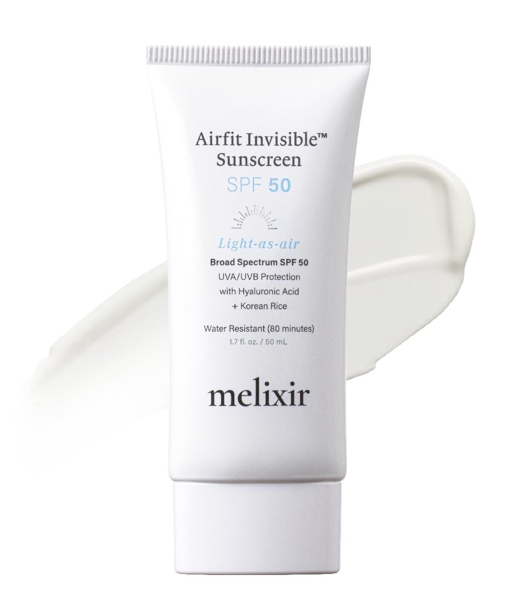 Melixir Airfit Invisible™ Sunscreen SPF 50, Broad Spectrum Korean Rice Sunscreen for Face, Hyaluronic Acid, Moisturizing Daily Protection for Sensitive Skin, No White Cast, Waterproof (1.7fl.oz./50ml) | Korean Rice, Hyaluronic Acid, Broad Spectrum, Sunscreen for Face, Moisturizing, Daily Protection