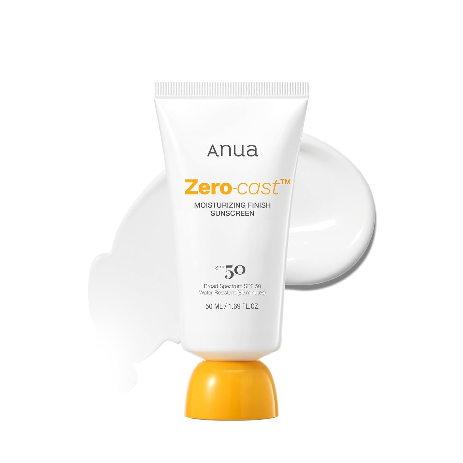 Anua, Zero-Cast Moisturizing Sunscreen SPF 50, Glow Natural Sunscreen for face, No White Cast, Hyaluronic Acid, Niacinamide, Oil-Free, Korean Skincare, 1.69 fl oz
