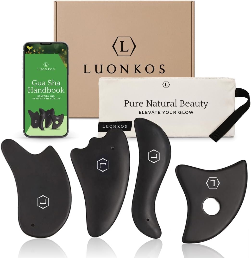 LUONKOS Gua Sha Facial Tools – Set of 4 Black – Large Bian Stone Guasha Tool for Face Sculpting – Lymphatic Drainage Massager with Polished Edges Glide Effortlessly for Daily Skincare Routine