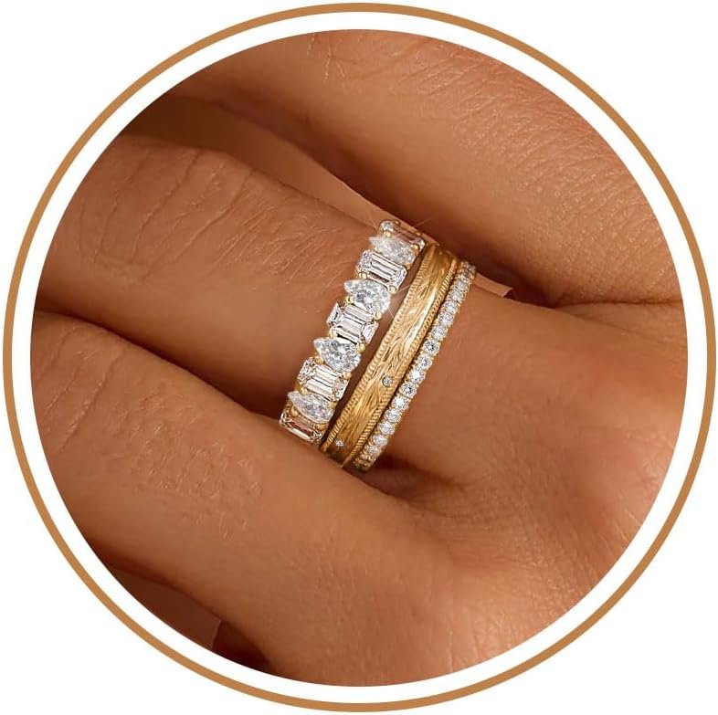 FUNEIA Stackable Gold Rings for Women Non Tarnish Chunky 14K Gold Plated Rings that Don’t Tarnish Engagement Cubic Zirconia Ring Set Stack Dainty Pinky Wedding Bands Thumb Rings Gold Jewelry Size 6-11
