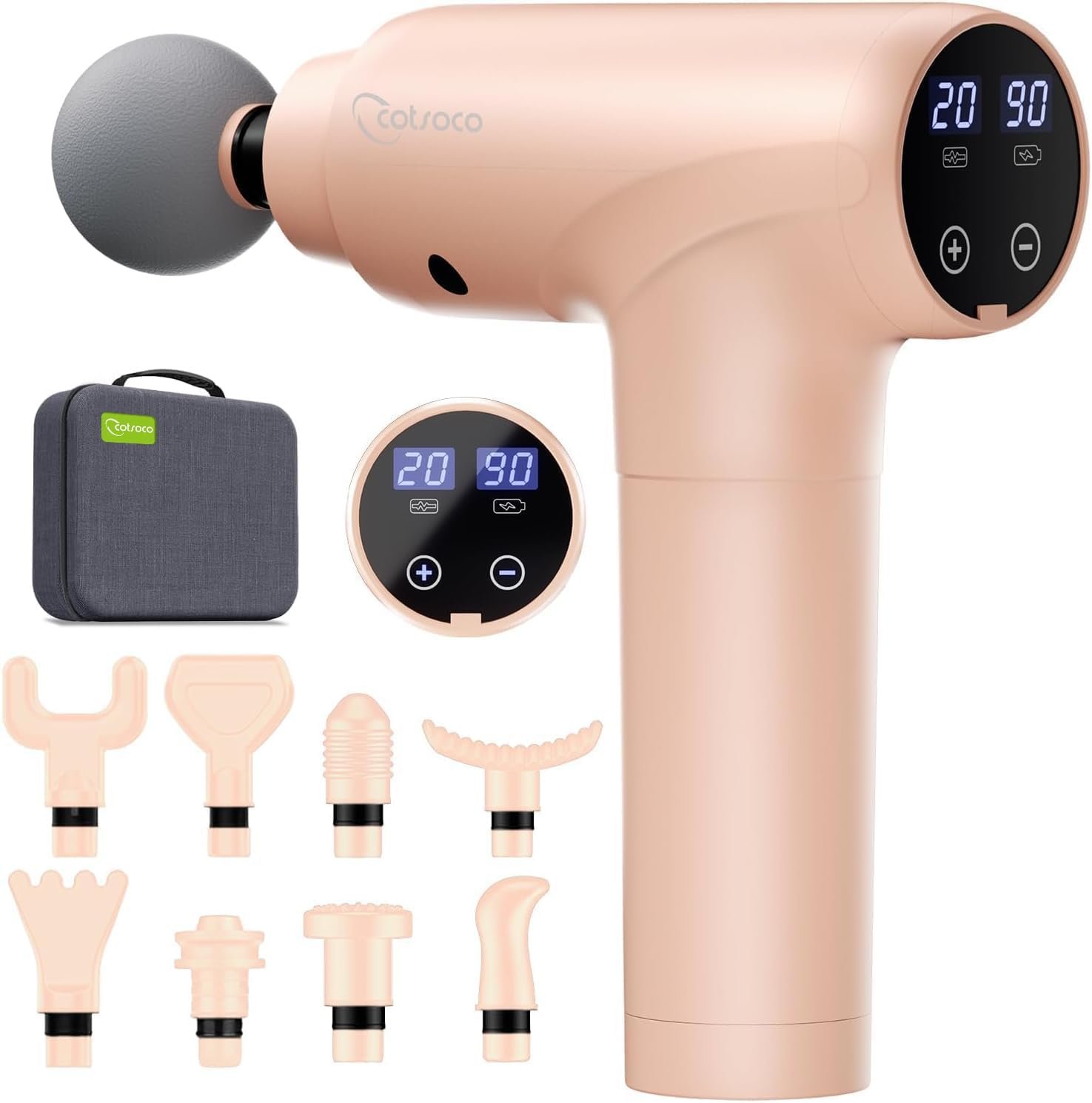 cotsoco Massage Gun Deep Tissue, Muscle Massage Gun with 9 Attachment Heads 20 Speeds & Silent Brushless Motor for Pain Relief, Handheld Percussion Back Massager Gun for Athletes(Pink)