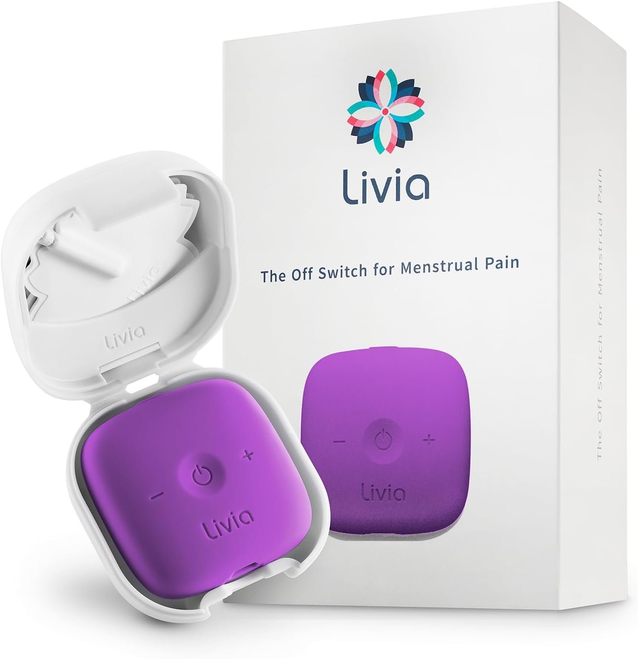Livia Menstrual Pain Relief Device, Purple – Off-Switch for Period Pain – Portable & Discreet – Rechargeable, Up to 8 Hours Battery – Complete Kit with Stick-On Pads – The Go-to Travel Partner