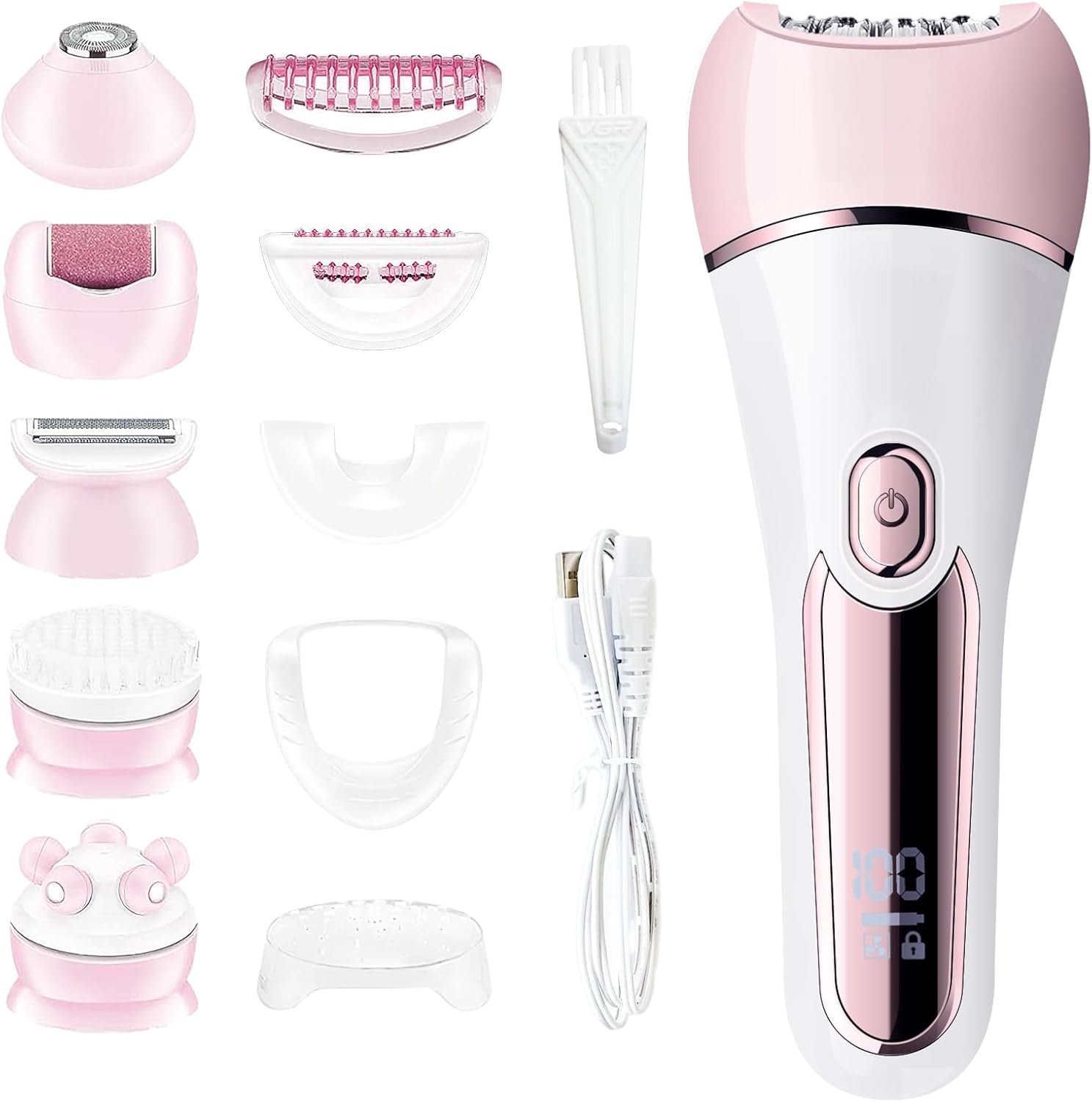 Epilator for Women, 6 in 1 Hair Removal Epilator, Shaver, Face Razor, Facial Brush, Face Massage and Body Exfoliator,IPX7 Waterproof Rechargeable Hair Removal for Women (Pink)
