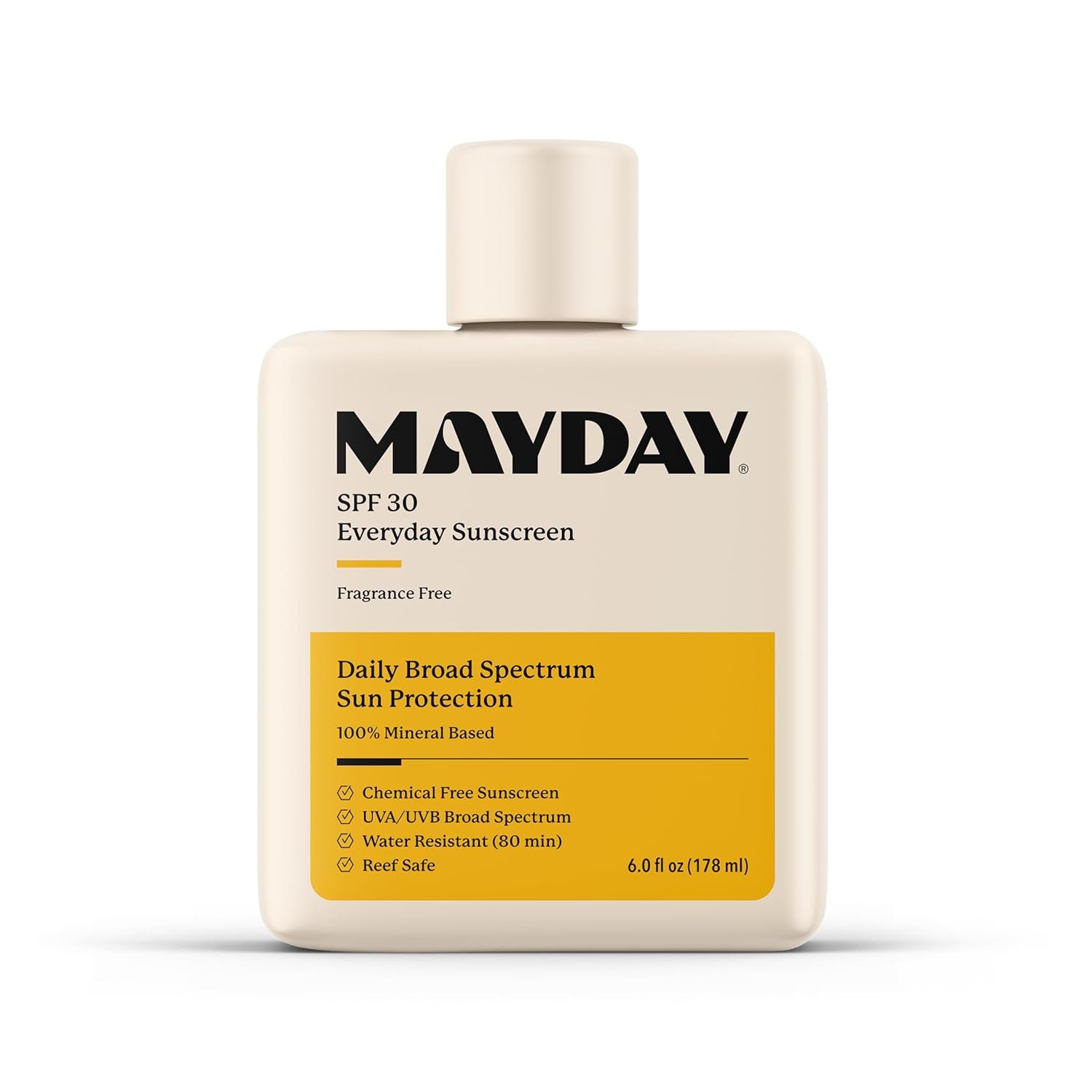 MAYDAY SPF 30 Everyday Sunscreen – Chemical-Free, Fragrance-Free, Water-Resistant Broad Spectrum Protection for Face & Body – Suitable for All Skin Types – 6 oz (178ml)