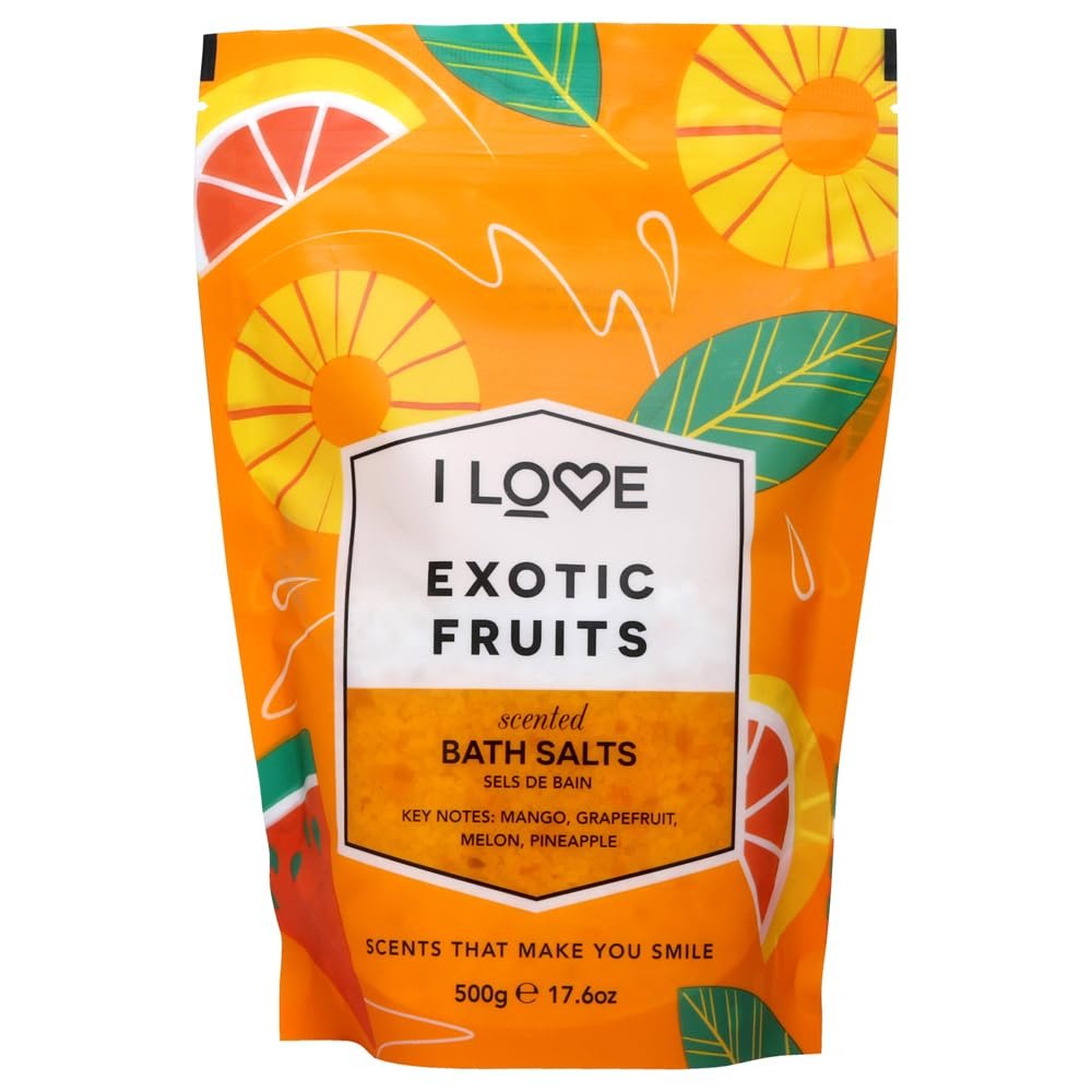 I Love Exotic Fruits Scented Bath Salts – Moisturizing Bath Soak for Dry Skin – Skin-Softening Bath Salts – Invigorating Citrus Fragrance – 17.6 oz
