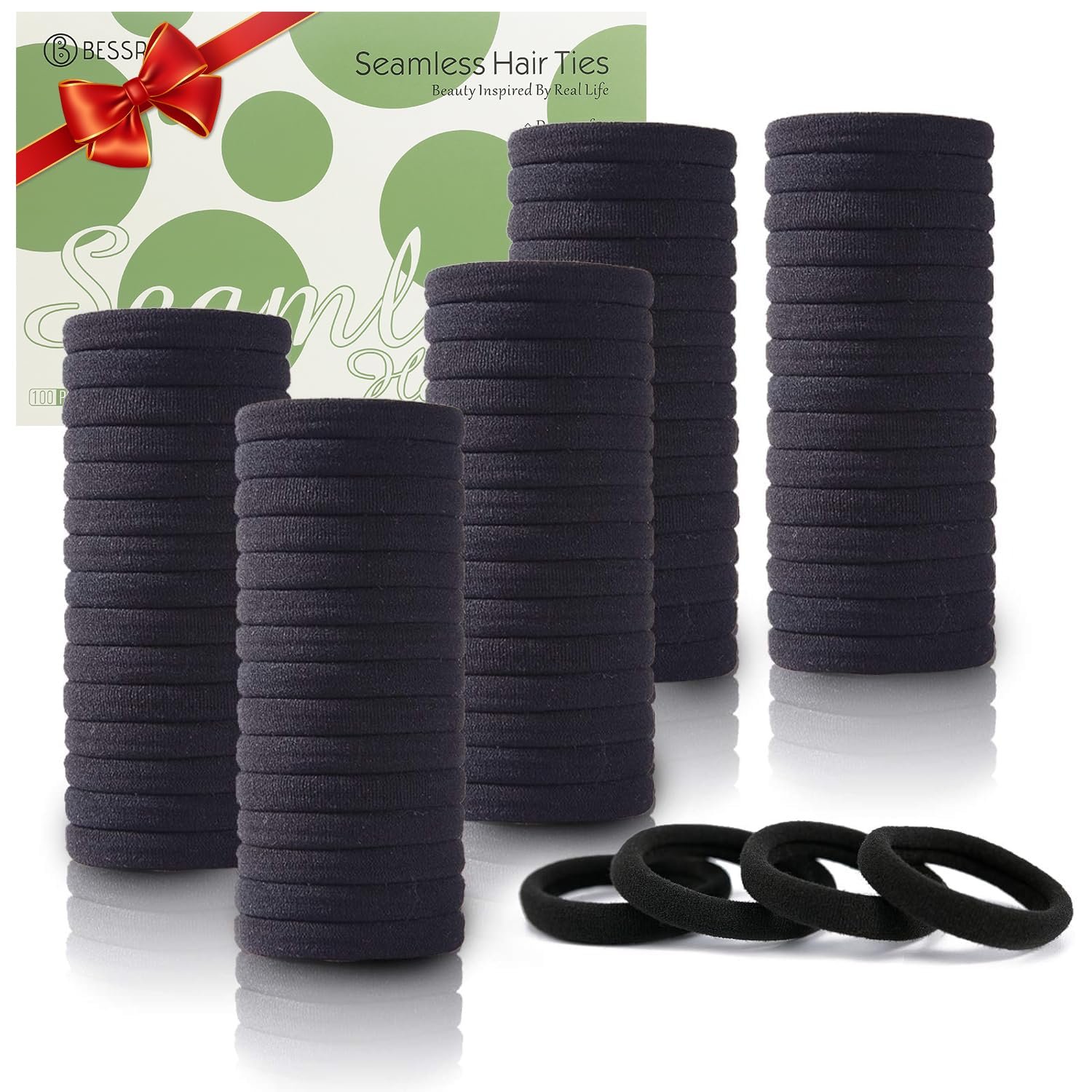 Bessrung 100PCS Black Hair Ties for Women Girls, Seamless Thick Black Hair Band, Elastic Hair Ties No Damage Ponytail Holder for Everyday Use