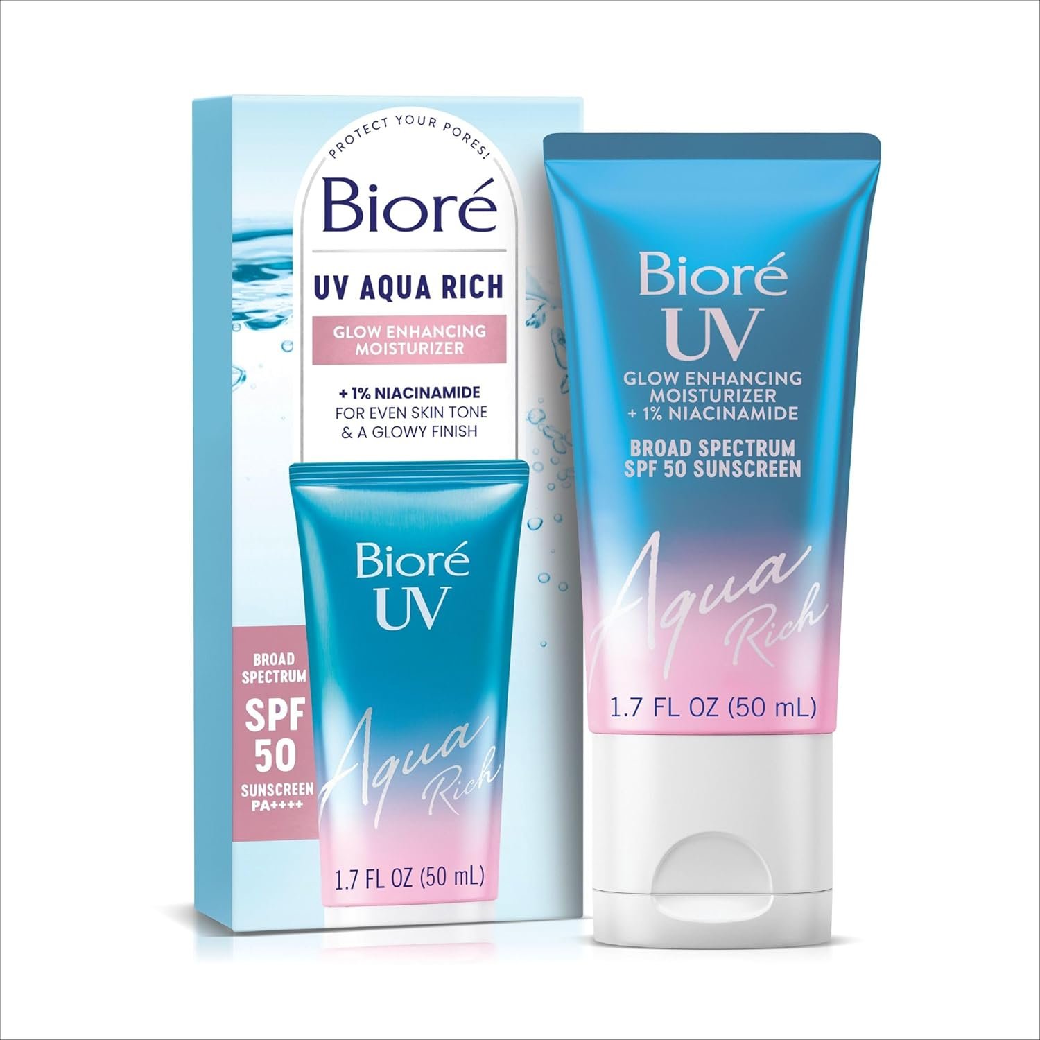Bioré UV Aqua Rich Glow Enhancing Moisturizer with SPF, Daily Moisturizer with SPF 50, 1% Niacinamide Facial Sunscreen, 1.7 Oz