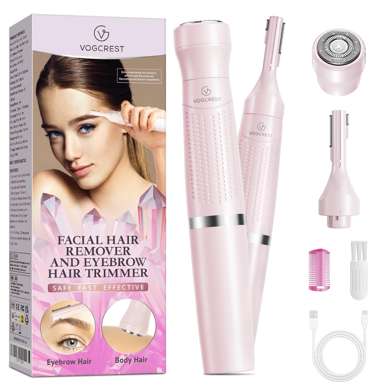 VG VOGCREST Women’s Eyebrow Trimmer & Facial Hair Remover, 2 in 1, Double Rotating Blades, Safe, Painless, Hypoallergenic, Rechargeable, USB Charging
