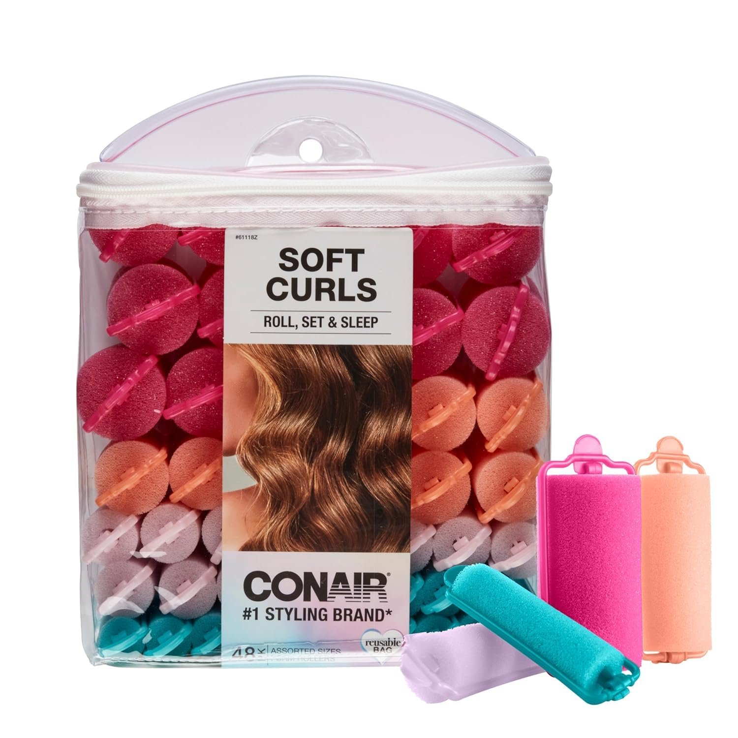 Conair Foam Hair Rollers – 48 Count, Assorted Colors – Heatless Curls, Overnight Curls, Foam Rollers with Storage Case