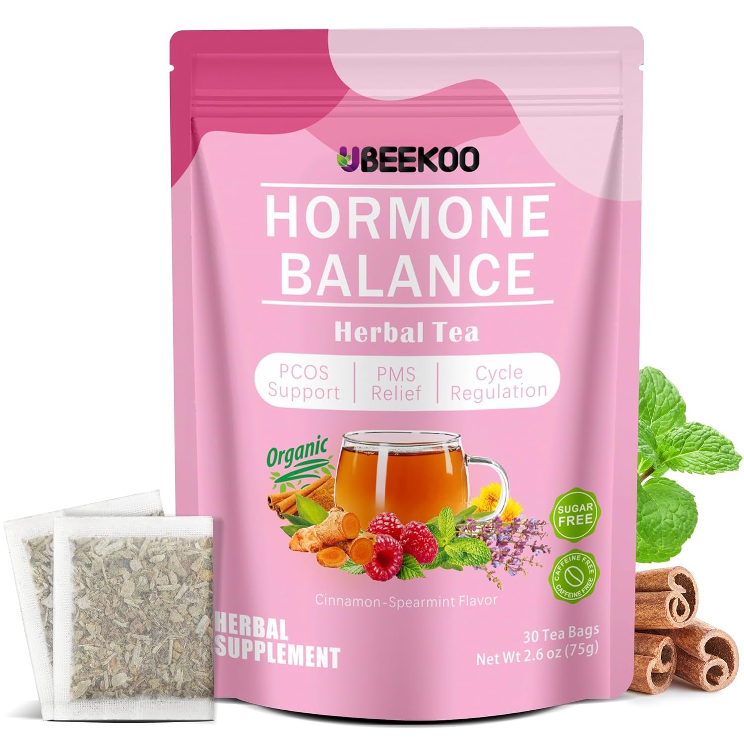 UBEEKOO Hormone Balance Tea for Women, Organic Herbal Tea with Red Raspberry Leaf, Tulsi, Spearmint, Nettle for PMS & PCOS Supplements, Caffeine-Free Female Hormone Loose Leaf Tea, 30 Tea Bags