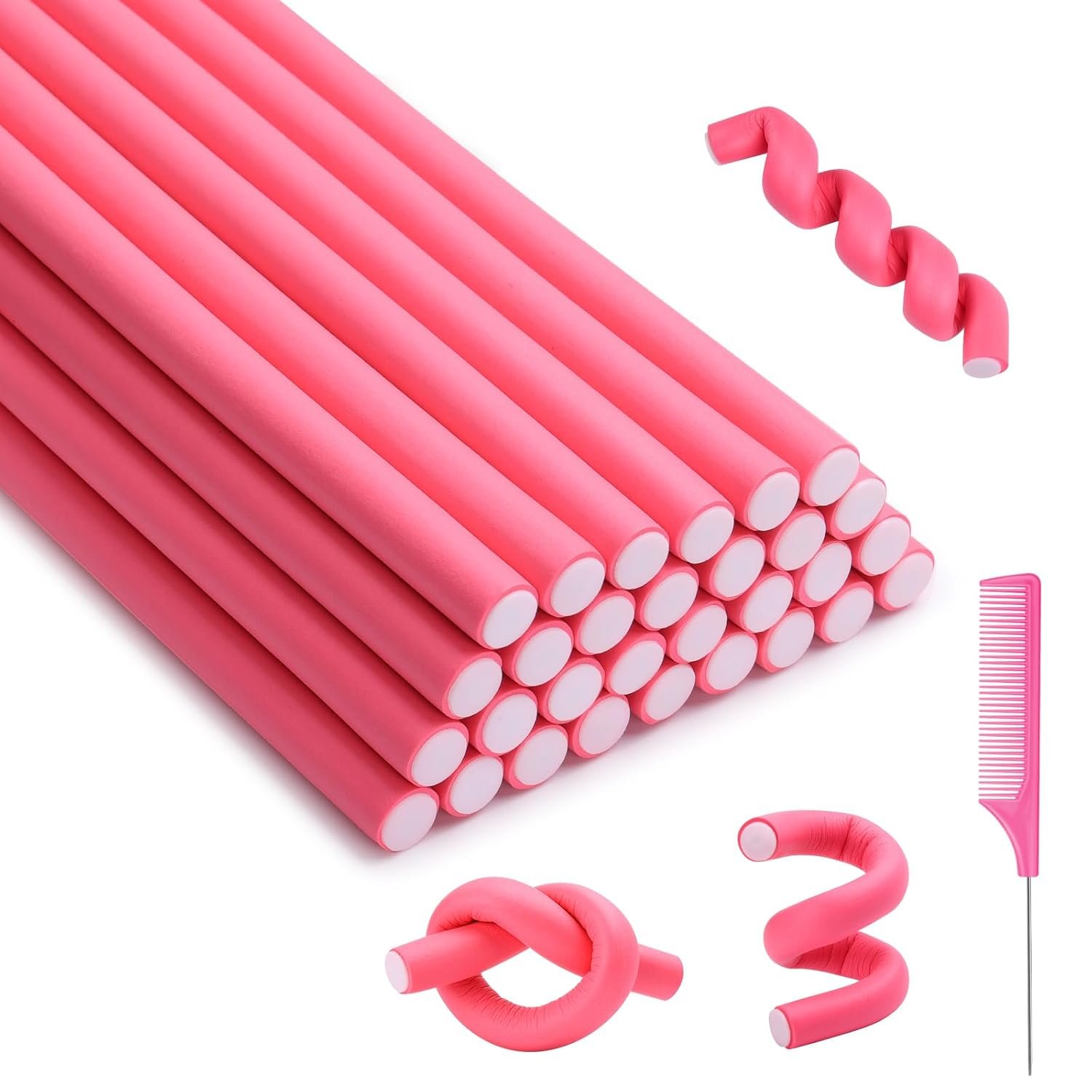 Selizo 30Pcs 9.45″x0.55″ Flexible Hair Rollers, Foam Curlers for Short, Medium and Long Hair, No Heat Curlers, Hair Rods – Pink(Diameter 0.55′)