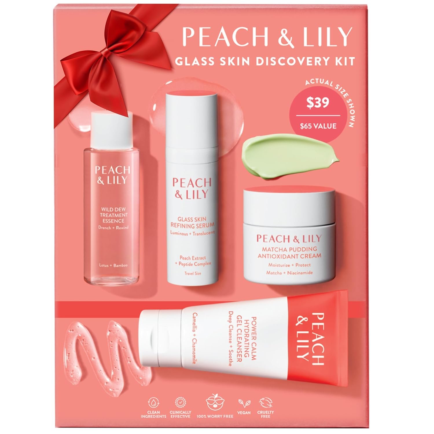 Peach & Lily – Glass Skin Discovery Kit (4 Products) – 1 Cleanser, 1 Essence, 1 Serum & 1 Cream – Skin Care Set – Acne Routine – Travel Essentials – Self Care – Vegan & Cruelty Free – Korean Beauty