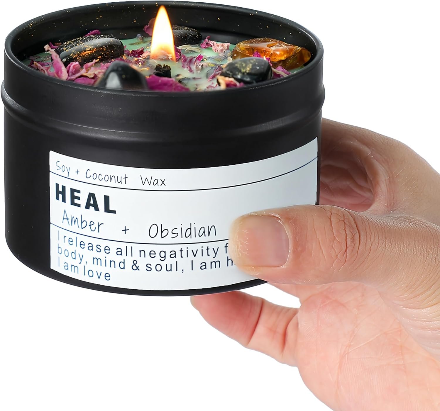 Obsidian Crystal Energy Candle, Good Aura Health Protection, Baltic Amber Chakra Magic Self-Care, Emotional Support, Encouragement and Affirmation Gift.(HEAL)