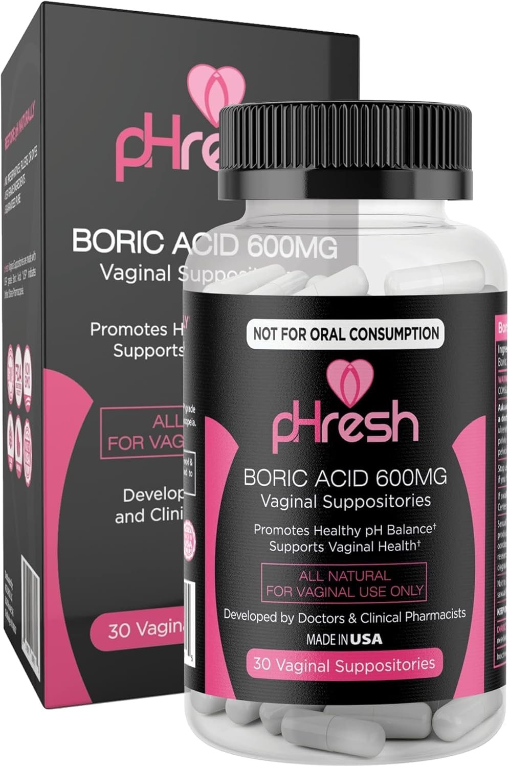 pHresh Boric Acid Suppositories for Women, Suppositories for Odor Use, Natural Feminine Care Supports Vaginal Health & Promotes Healthy pH Balance – Made in USA