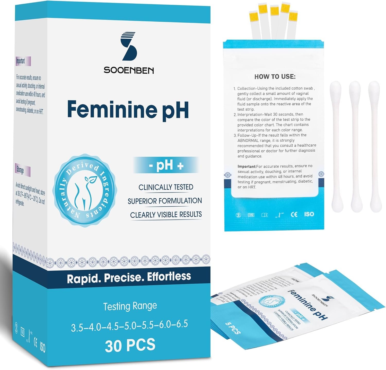 At-Home Vaginal pH Test Kit: 30 Strips + 30 Individually Wrapped Swabs – Fast & Accurate Feminine Health Monitoring for pH Balance, BV & Yeast Infection – Professional Grade