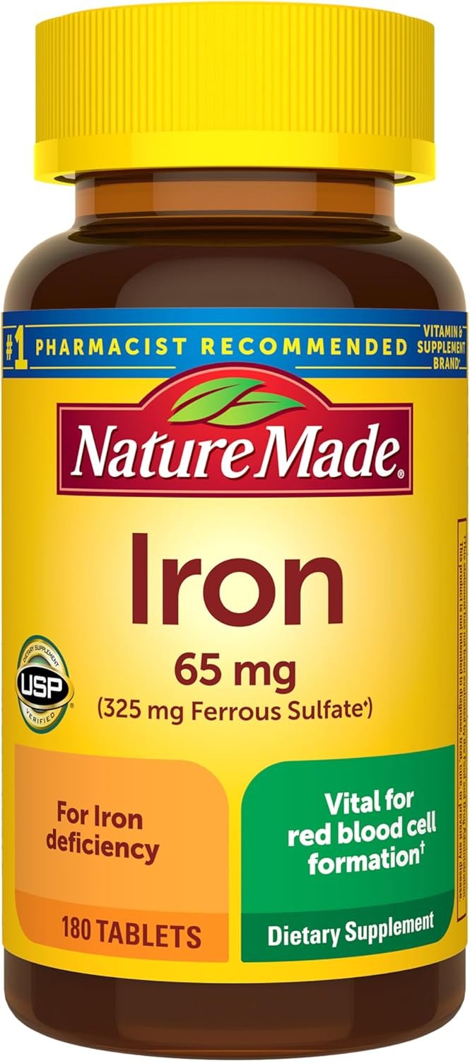 Nature Made Iron 65 mg (325 mg Ferrous Sulfate) Tablets, Iron Supplements, Dietary Supplement for Red Blood Cell Support, 180 Tablets, 180 Day Supply