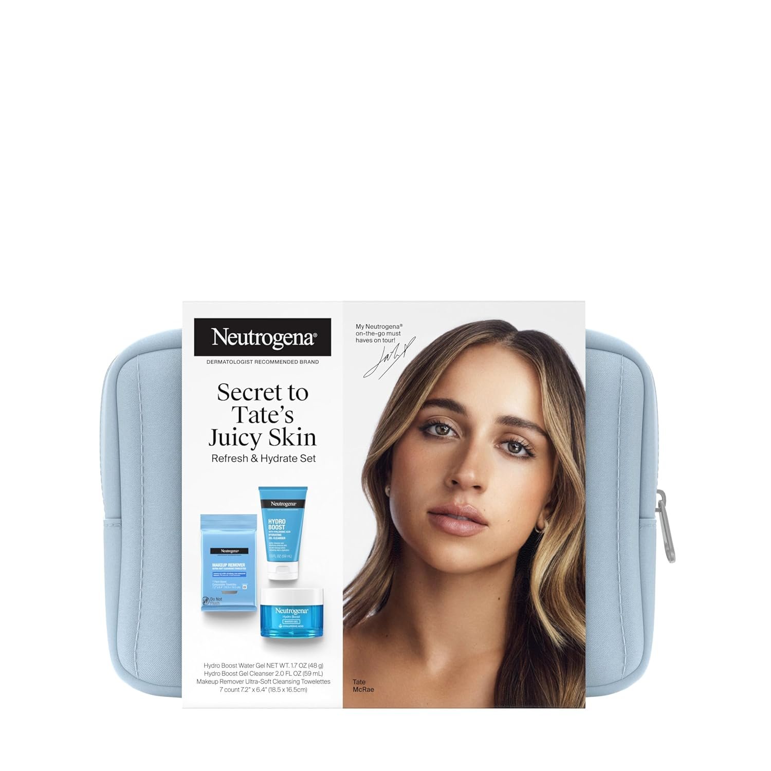 Neutrogena Refresh & Hydrate Skin Care Set, Gift Set with Tate McRae’s Must-Haves, Includes Makeup Remover Wipes, Gel Facial Cleanser, & Water Gel Face Moisturizer, Travel Size, 3 Items