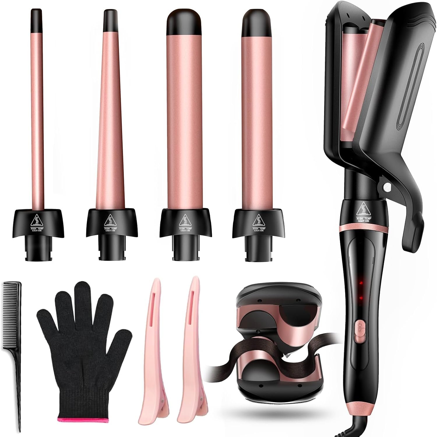 5 in 1 Curling Iron, Curling Wand Set Versatile Hair Curler Wand Kit for Waves Curls Blowout for All Hair Types 4 Interchangeable Ceramic Barrels(0.35″-1.25”) Fast Heating for Travel and Home Use