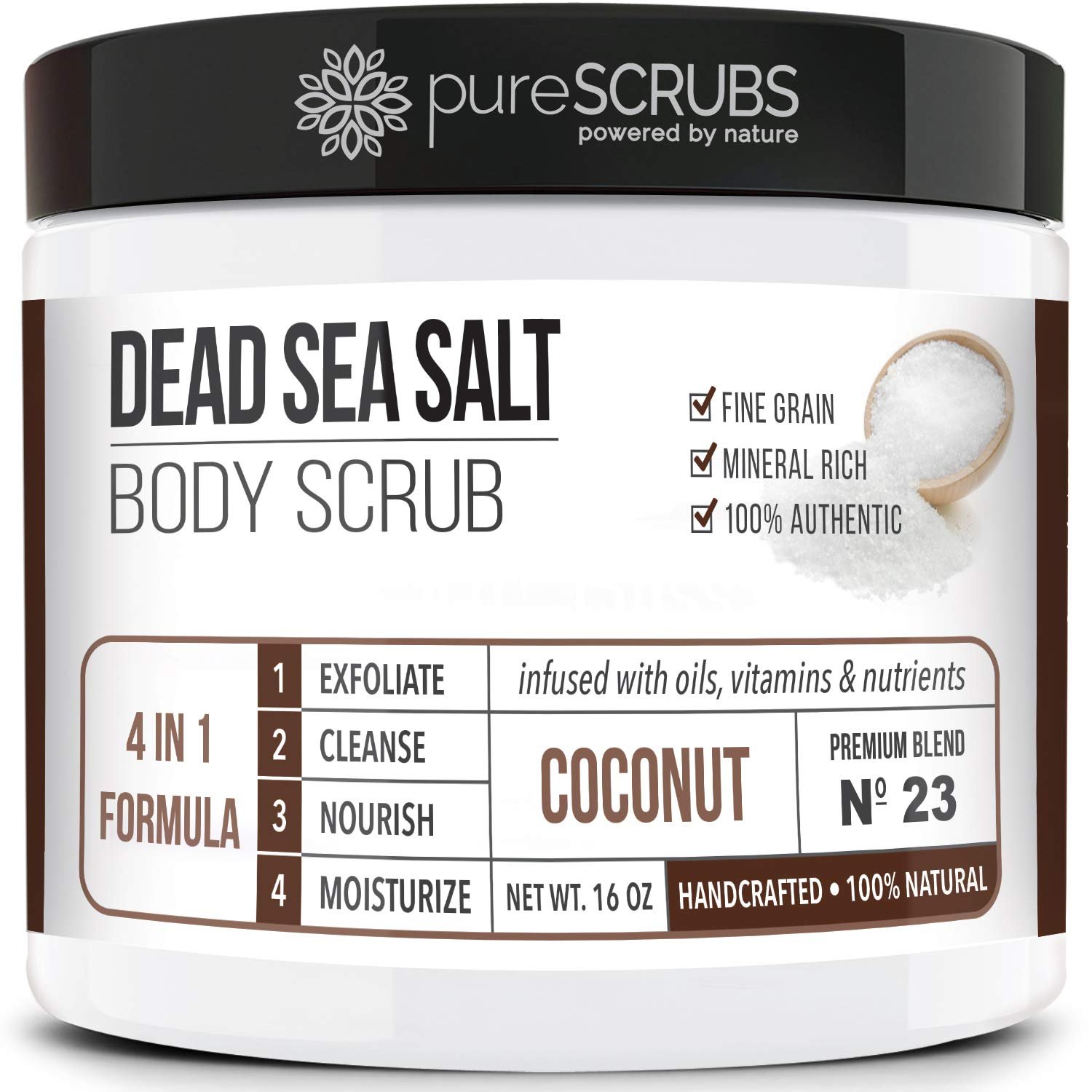 pureSCRUBS Premium Coconut Body Scrub Set – Large 16oz Dead Sea Salt Body Scrub With Infused Essential Oils & Nutrients, Includes Wooden Spoon, Loofah & Oatmeal Exfoliating Bar Soap