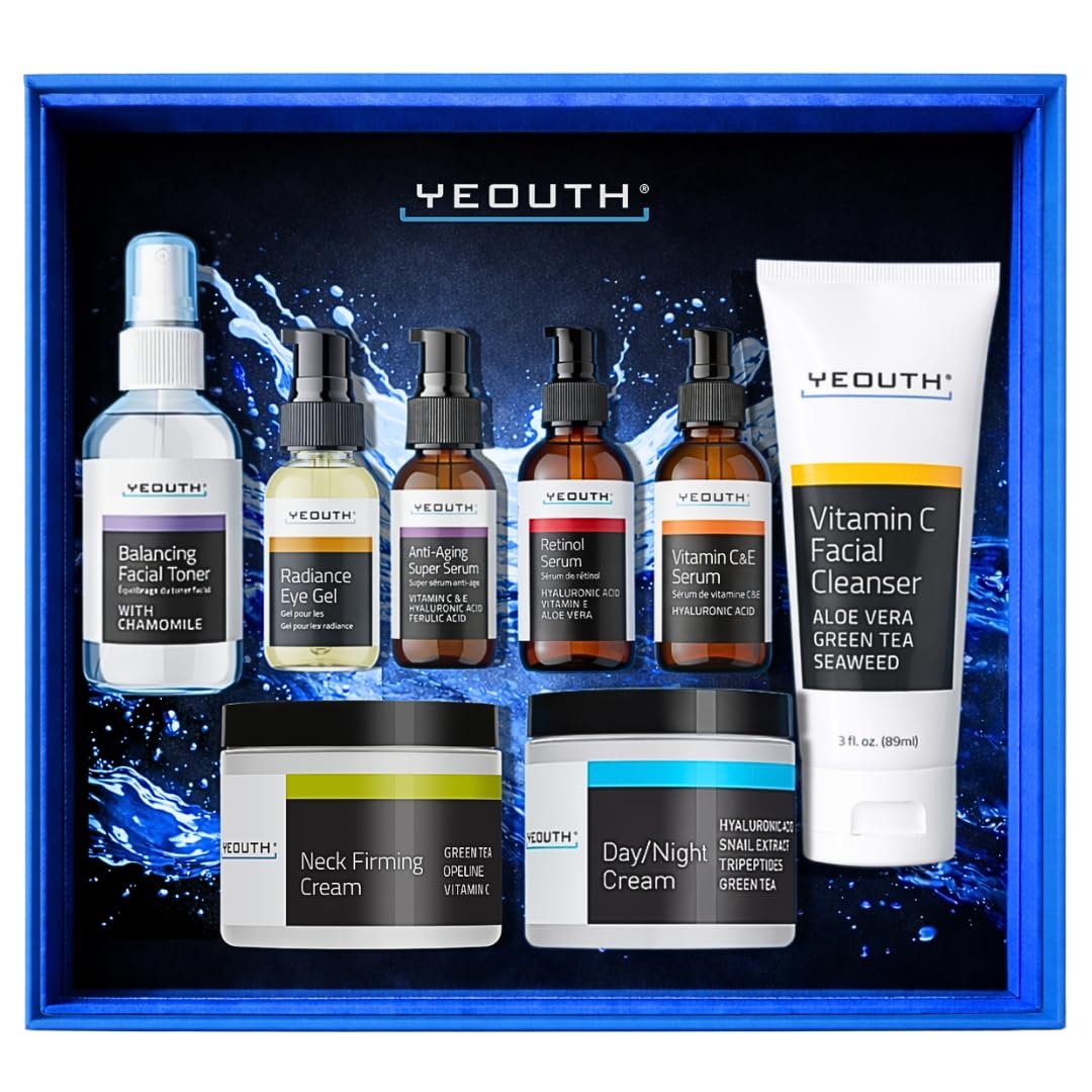 YEOUTH Skin Care Set: Retinol Serum with Hyaluronic Acid, Vitamin C & Super Face Serum, Cleanser, Toner, Eye Gel, Neck Cream, Face Cream 8-Piece Skincare Kit For Women