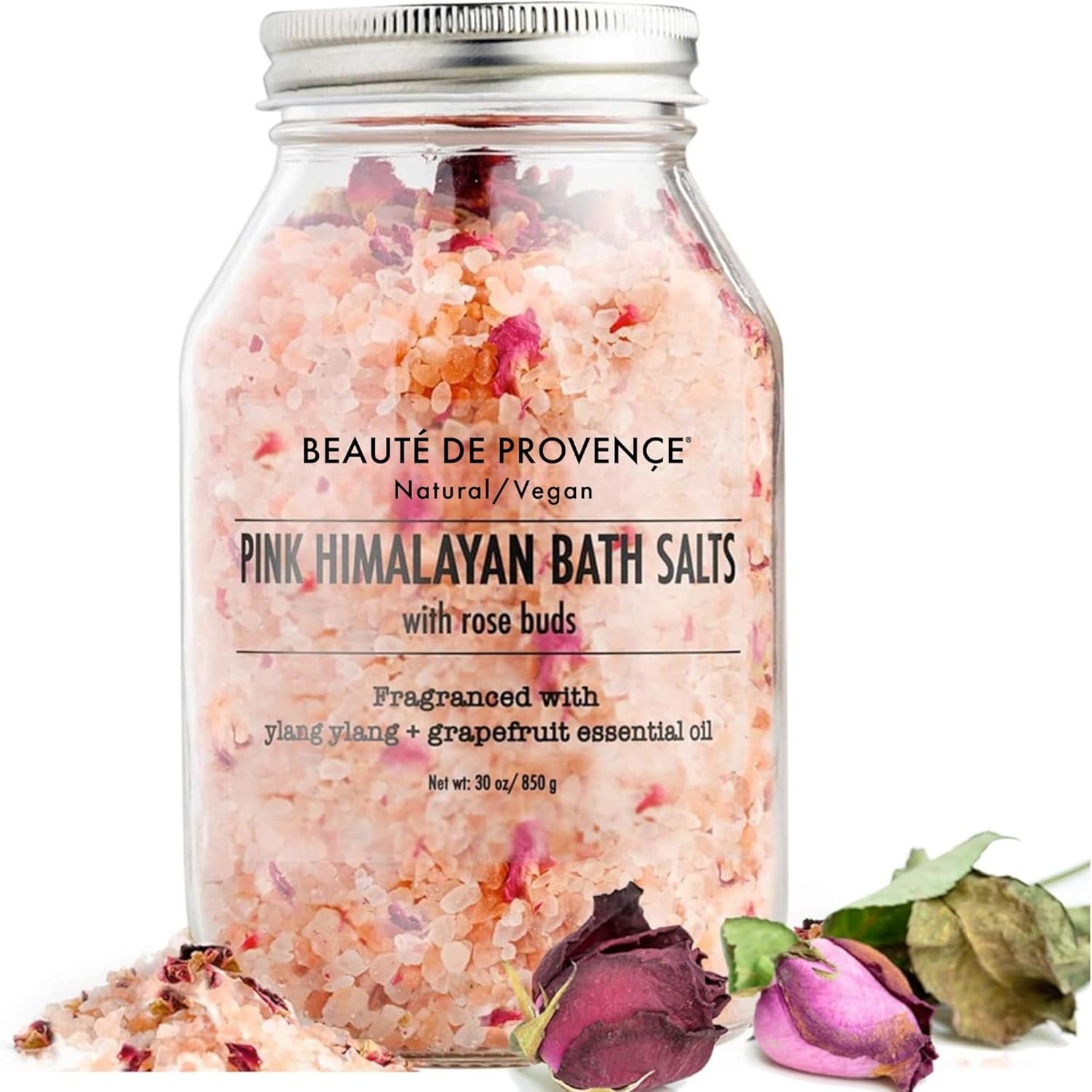 Beaute DE Provence Pink Himalayan Bath Salt with Rose Petals – 100% Natural Aromatherapy & Relaxation – Ylang Grapefruit Essential Oil Bath Salts for Women – Cruelty-Free, Revitalize & Soothes Skin