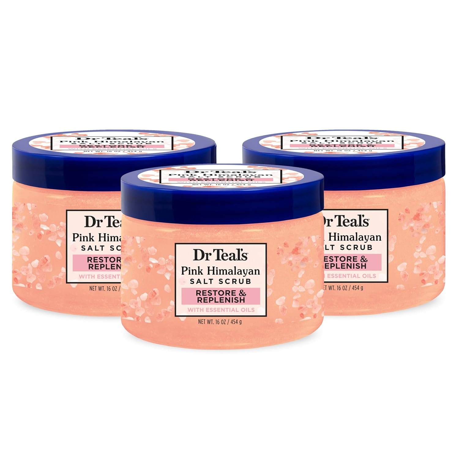 Dr Teal’s Pink Himalayan Salt Body Scrub, Restore & Replenish with Pure Epsom Salt & Essential Oils, 16 oz (Pack of 3)