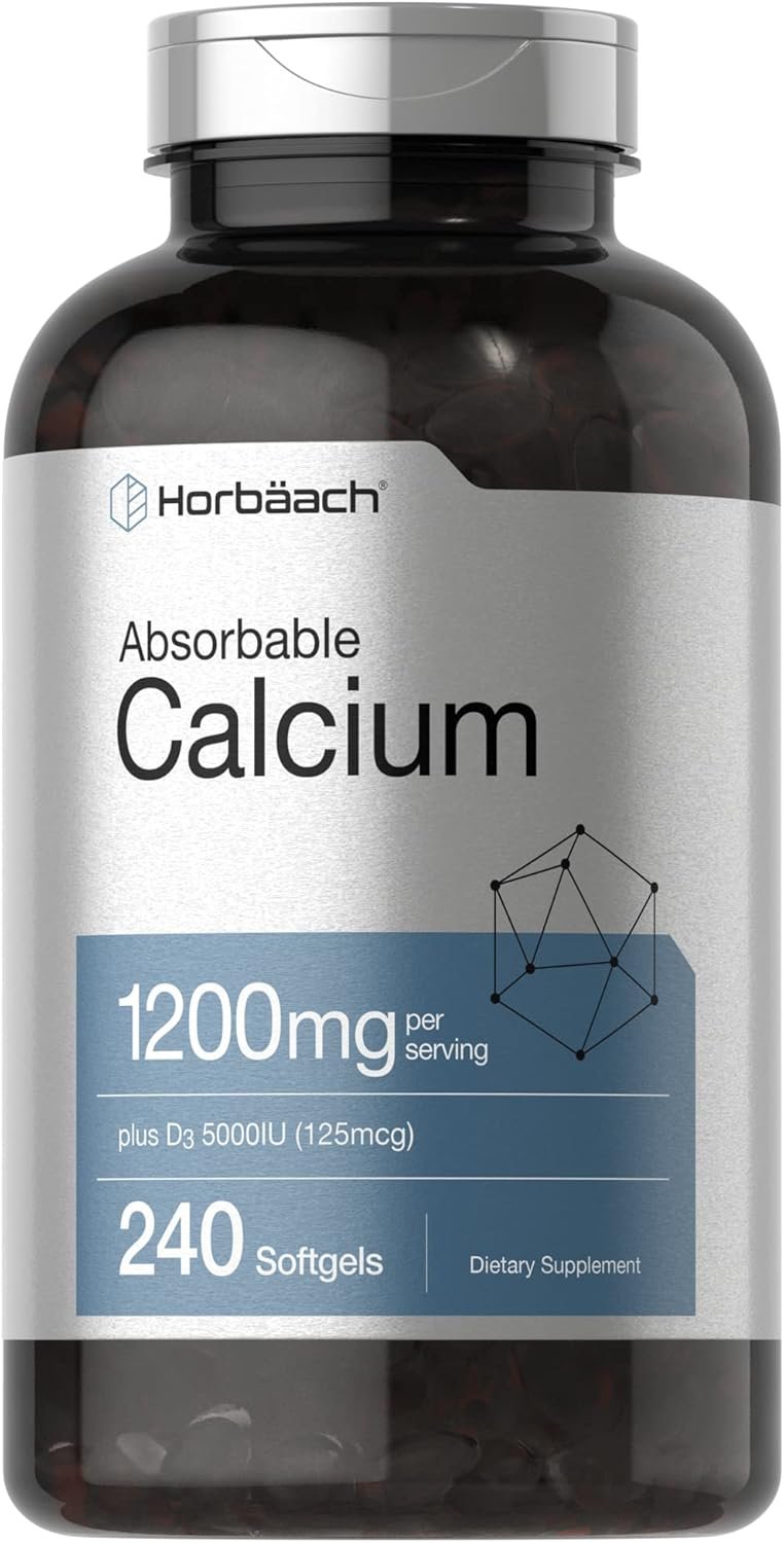 Horbäach Calcium 1200 mg with Vitamin D3 | 240 Softgels | 5000 IU Vitamin D3 | Absorbable Calcium Supplement for Women and Men | Non-GMO, Gluten Free