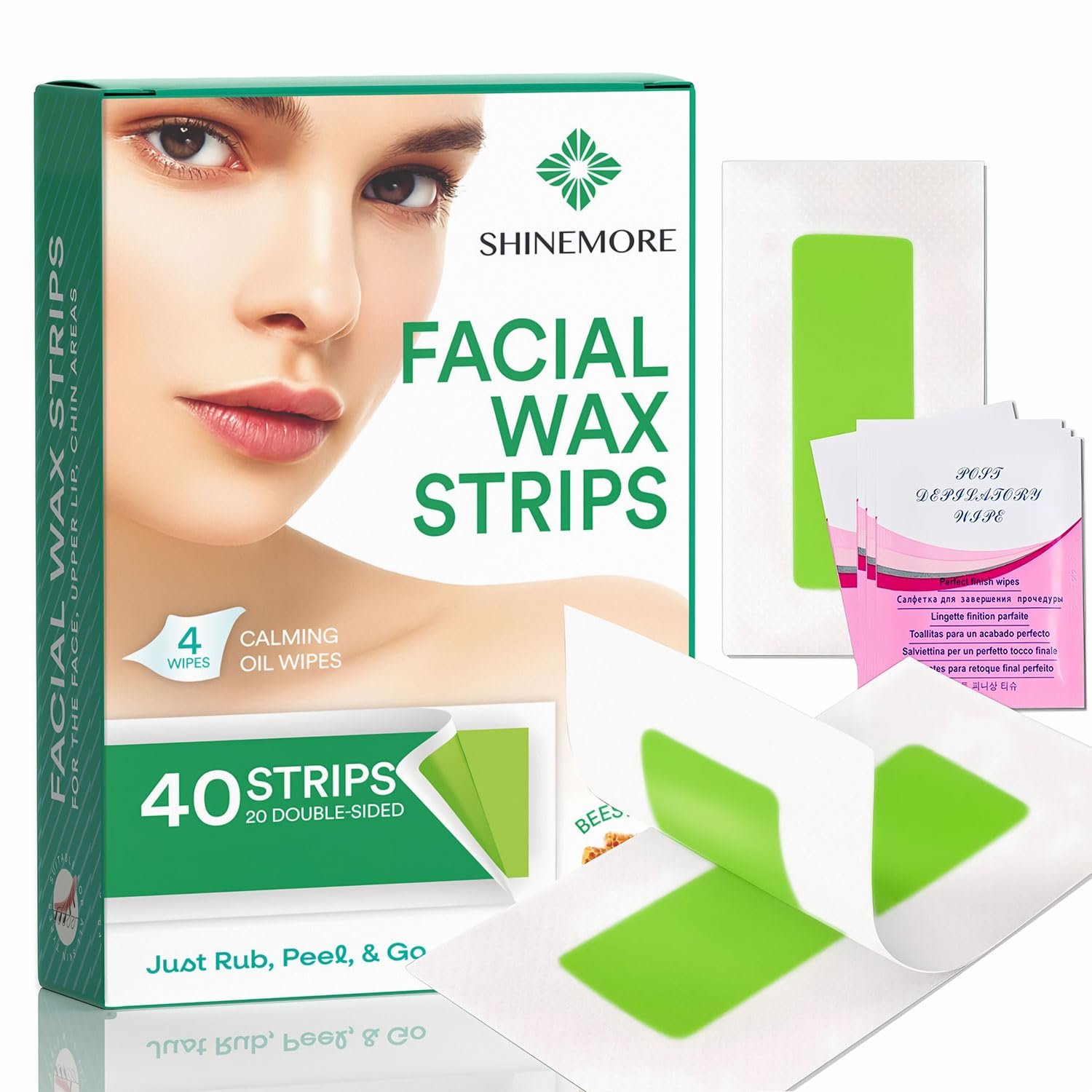 ShineMore Facial Wax Strips for Hair Removal – Hypoallergenic for All Skin Types – Gentle and Fast-Working for Face, Eyebrow, Upper Lip, and Chin (40 Strips + 4 Calming Oil Wipes NATURE Ingredients)