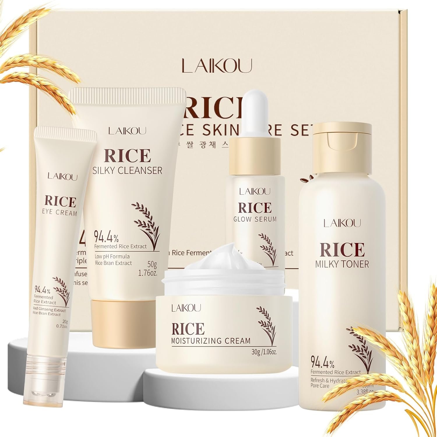 LAIKOU Skin Care Set, Korean Skin Care with Rice Cleanser, Toner, Serum, Eye Serum, Moisturizing Cream 5pcs for Women Teen Girls Mom Daughter Mother’s Day Birthday Christmas Lover Korean Beauty