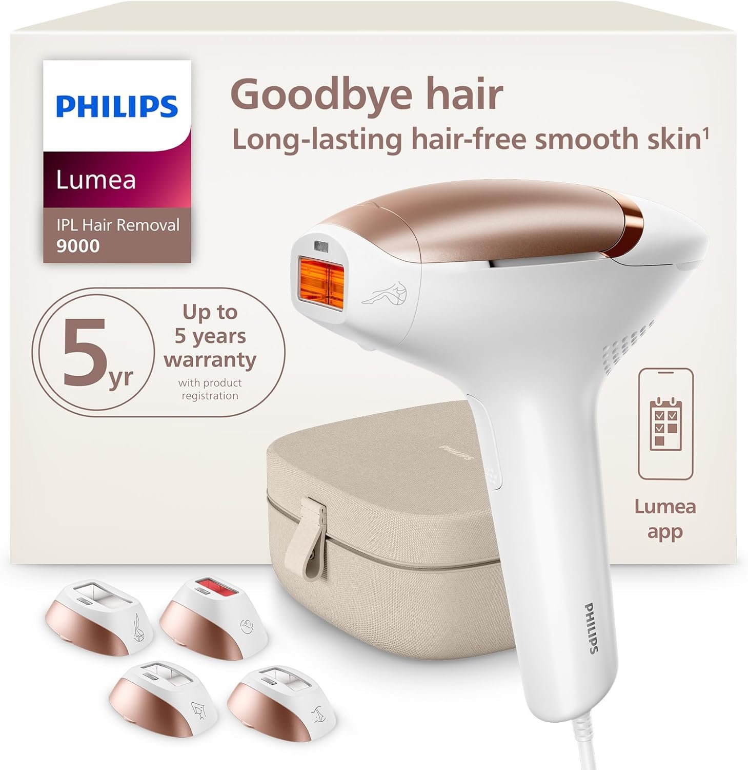 Philips Lumea 9000 Series IPL Hair Removal Device, Visible Permanent Laser Hair Reduction Done at Home, for Women & Men, SenseIQ Technology, 4 Attachments for Body, Face, Bikini & Underarms, BRI984/03