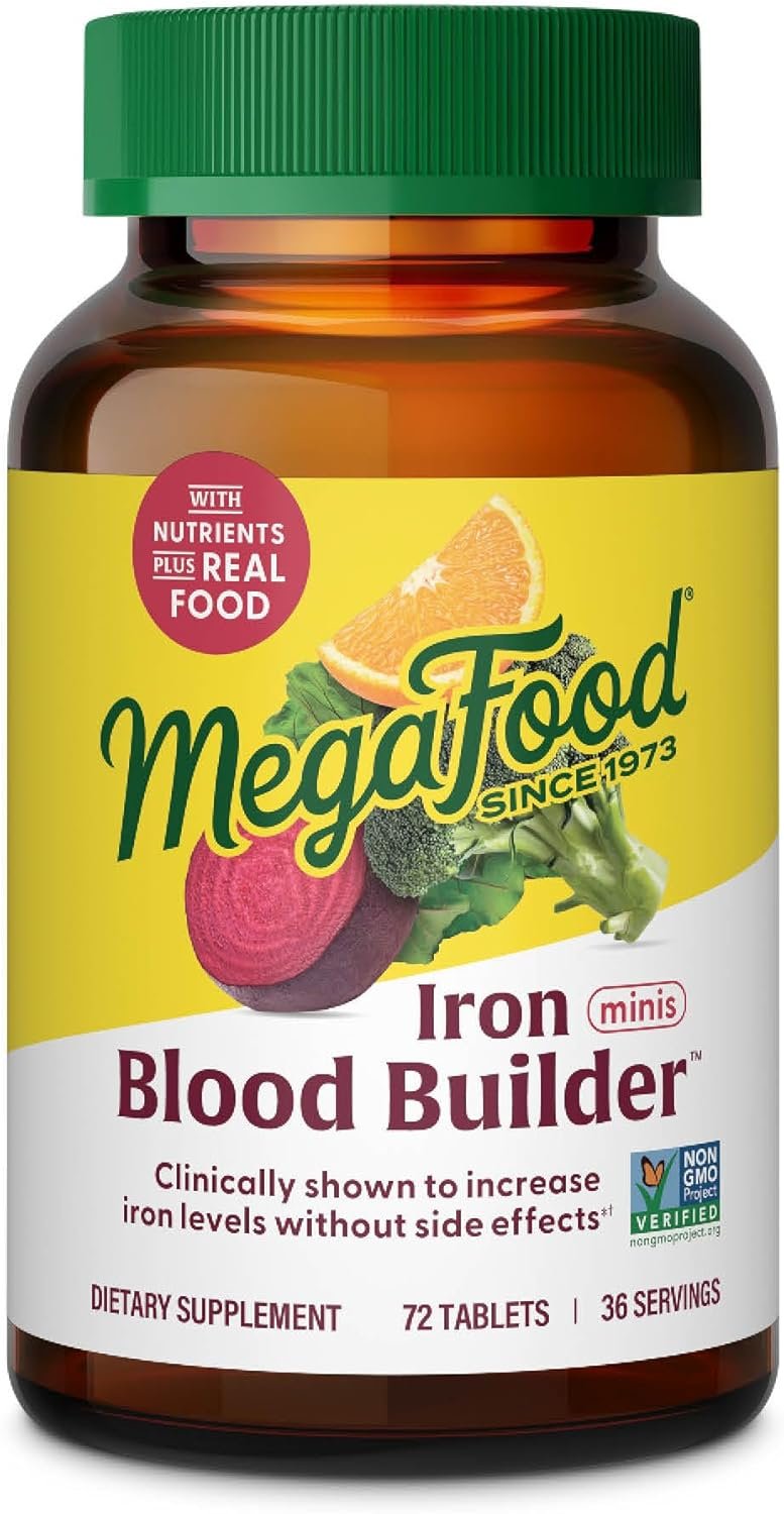 MegaFood Blood Builder Iron Supplement for Women & Men – Increase Iron Levels Without Side Effects – Combats Fatigue – Vitamin B12, Folic Acid & Vitamin C – Vegan – 72 Mini Tablets (36 Servings)