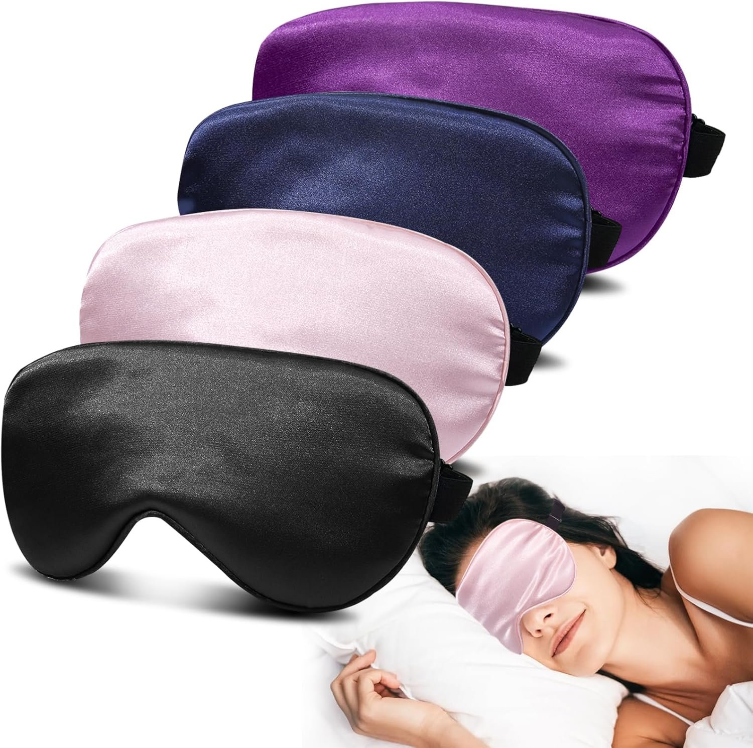 4 Pack Silk Sleep Mask – 100% Blackout, Zero Eye Pressure, Blindfold with Adjustable Strap, Super Soft Travel Eye Covers (Black, Pink, Blue, Purple)