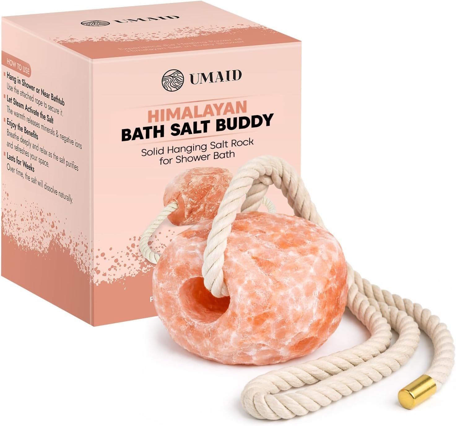 UMAID Himalayan Bath Salt Buddy™ 2 lb – Hanging Mineral Salt Rock for Shower & Bath, Solid Pink Himalayan Stone for Natural Steam, Relaxation & Spa-Like Self-Care, Unique Gift for Men & Women