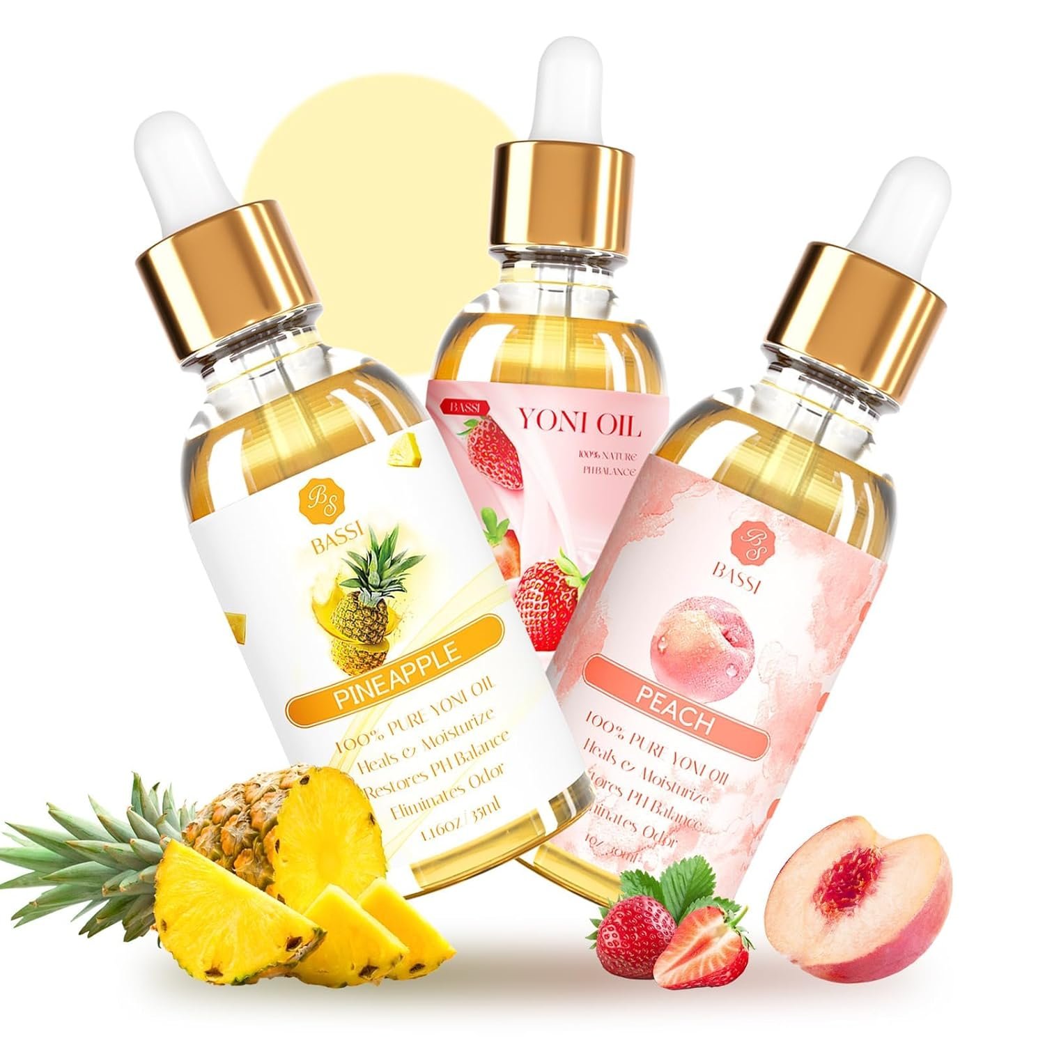 3 Packs Yoni Oil for Women – Feminine Care Oil – All Natural Vaginal Essential Oils, Reduces Odor, Restores pH Balance and Wetness, 1 fl oz/pc Strawberry Pineapple Peach Scent