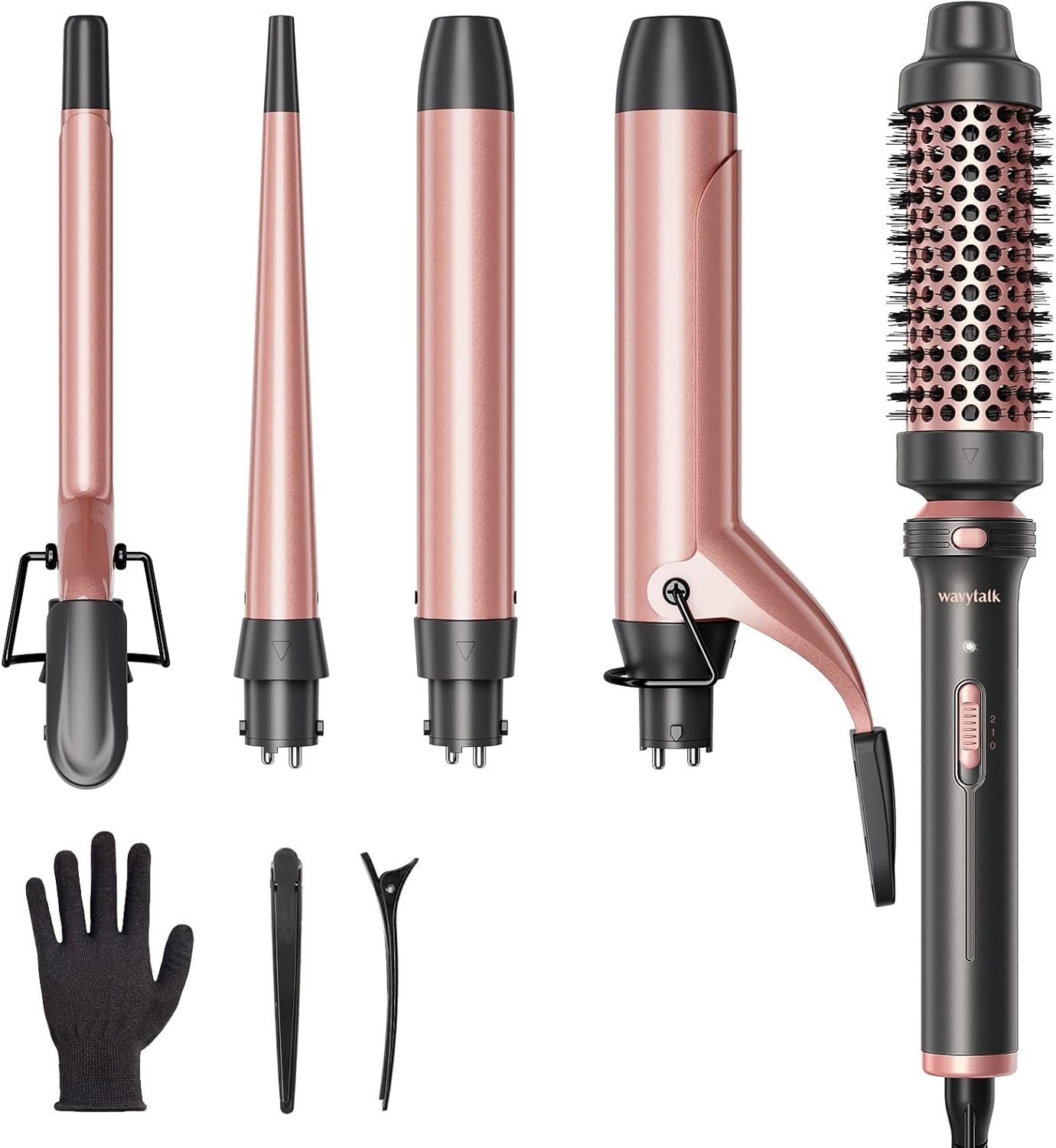 Wavytalk 5 in 1 Curling Iron Set with Curling Brush and 4 Interchangeable Ceramic Curling Wand (0.35″-1.25”), Wand Curling Iron Instant Heat Up, Dual Voltage Hair Curler