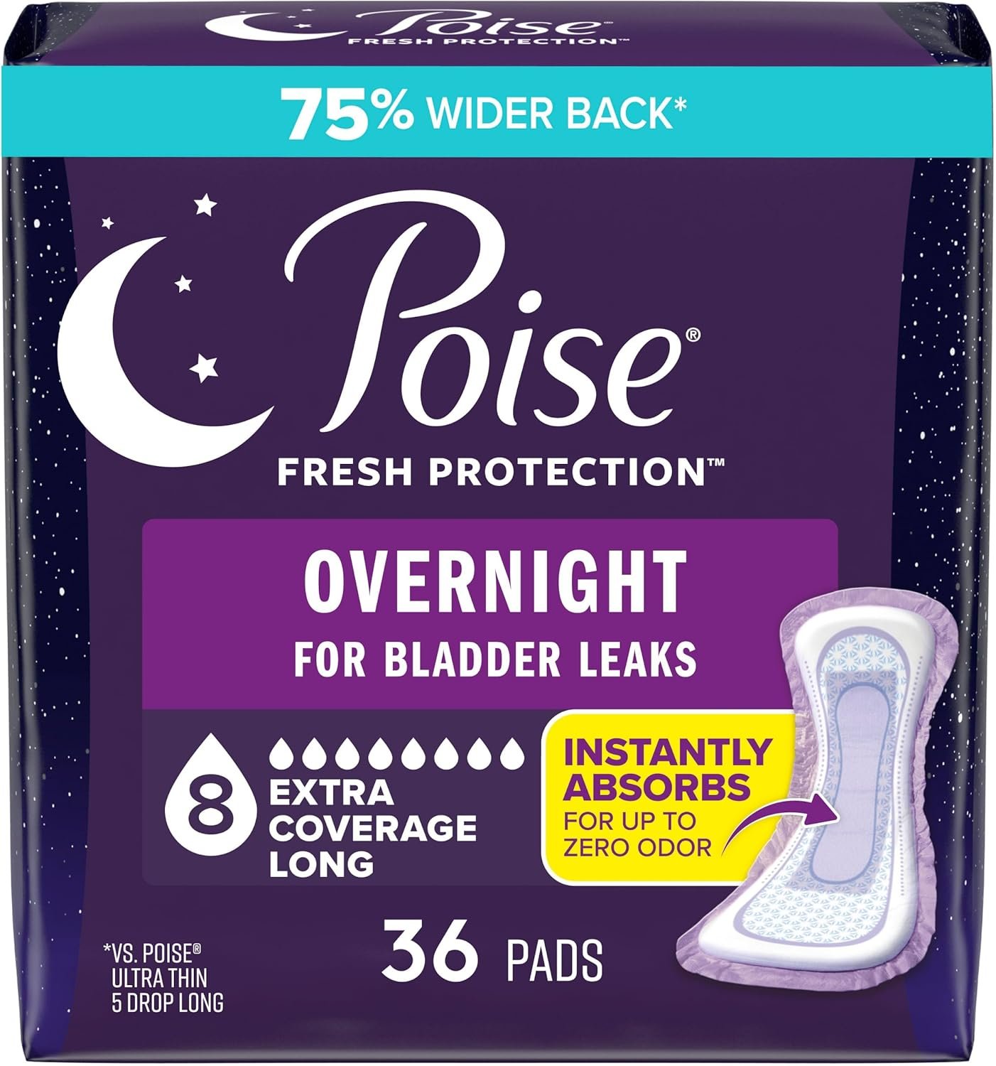 Poise Overnight Incontinence & Postpartum Pads for Bladder Leaks, 8 Drop Extra Coverage, 36 Count