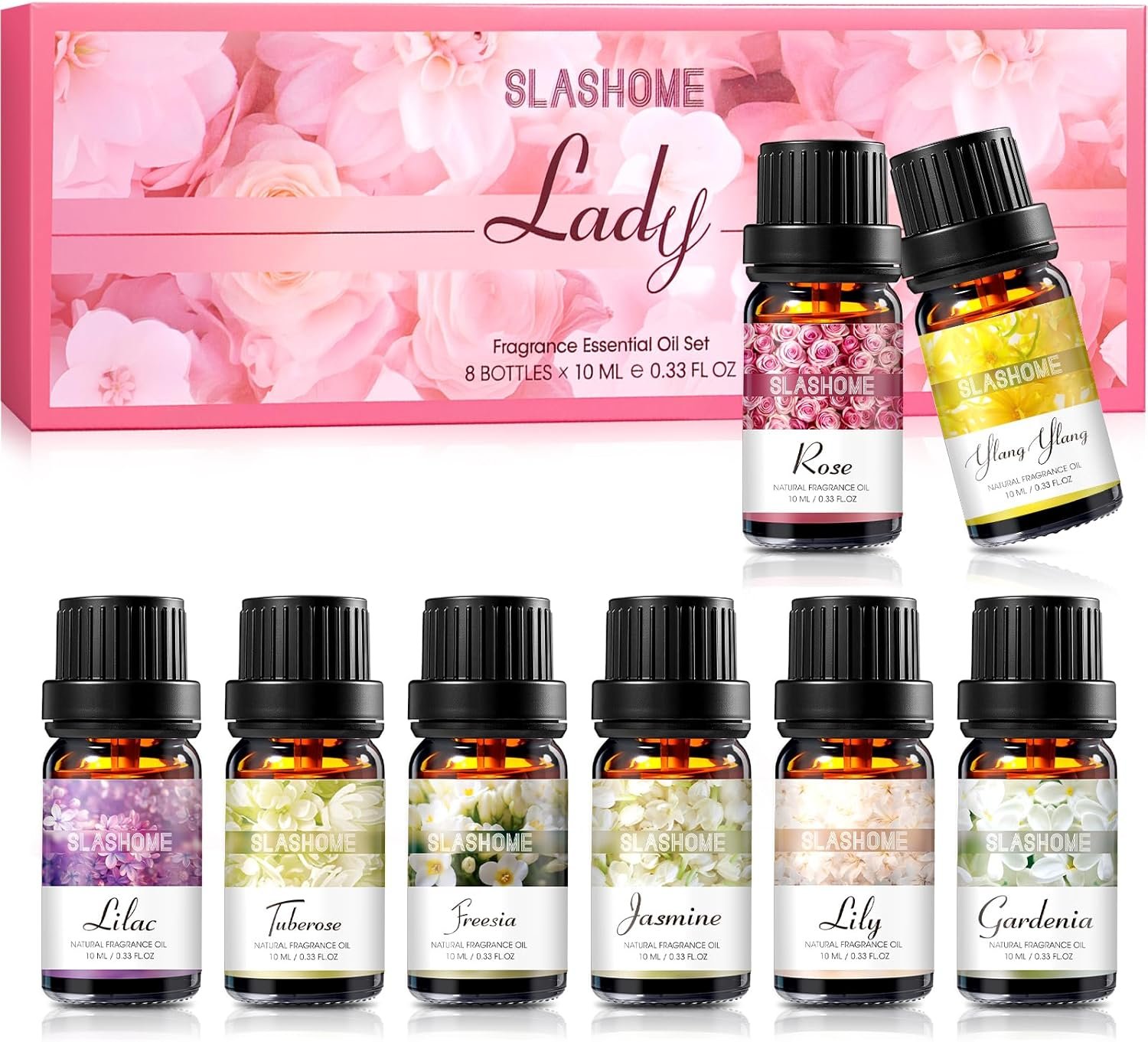 SLASHOME Floral Essential Oils Set – 8×10ml, Essential Oils for Home Diffusers, Candle Making & Soap Scents, Spa Gift Box with Rose, Jasmine, Gardenia & More,Ideal Gift Box