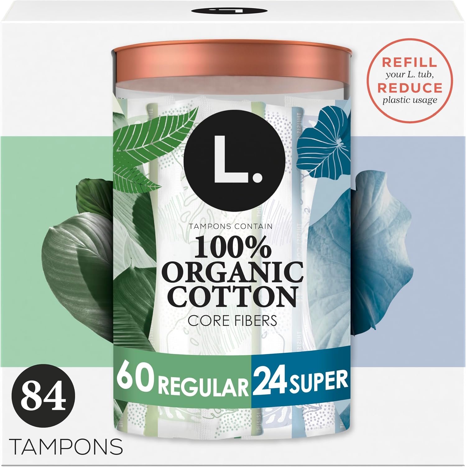 L. Cotton Tampons Regular/Super Absorbency Multipack, Contains an Organic Cotton Core, Made Without Synthetic Pesticides, or Fragrances, 84 Count (2 Packs of 42)