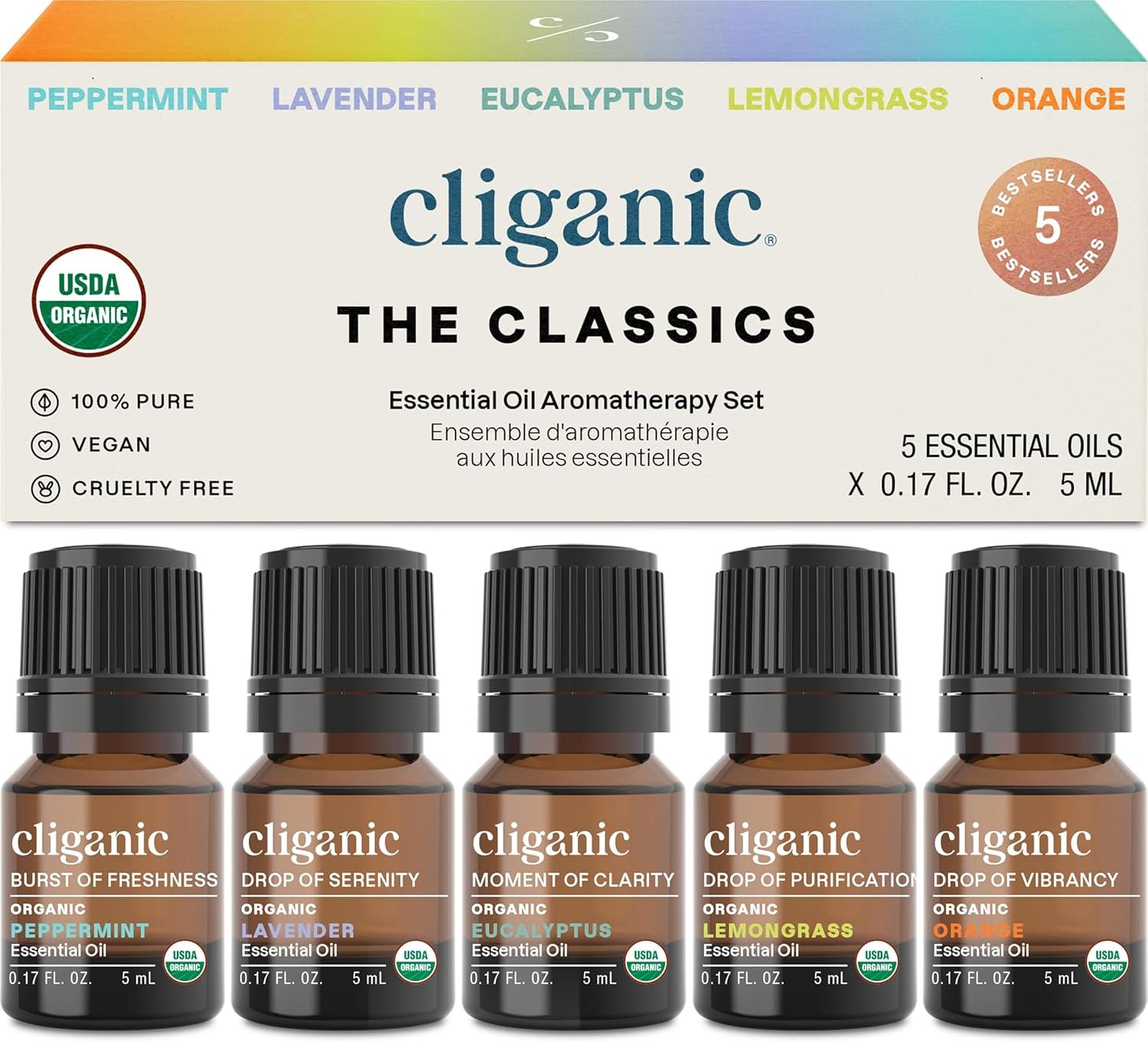 Cliganic Organic Essential Oils Set (Top 5 – The Classics) – 100% Pure Natural – Aromatherapy, Candle Making – Peppermint, Lavender, Eucalyptus, Lemongrass & Orange