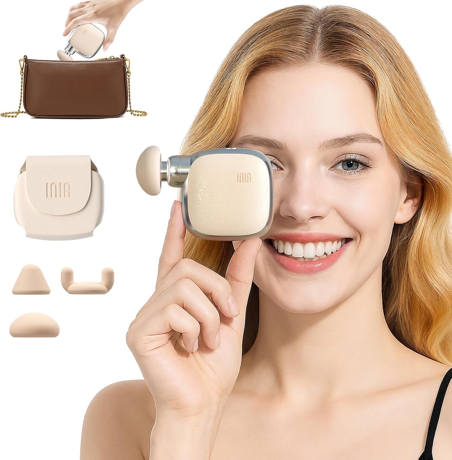 INIA PocketForce Mini Massage Gun – 75% Smaller, High-Power Percussion for Full Body Relief, Portable Deep Tissue Massager Gun with Leather Case & 3 Heads for Travel & Office Use, Gifts for Men Women