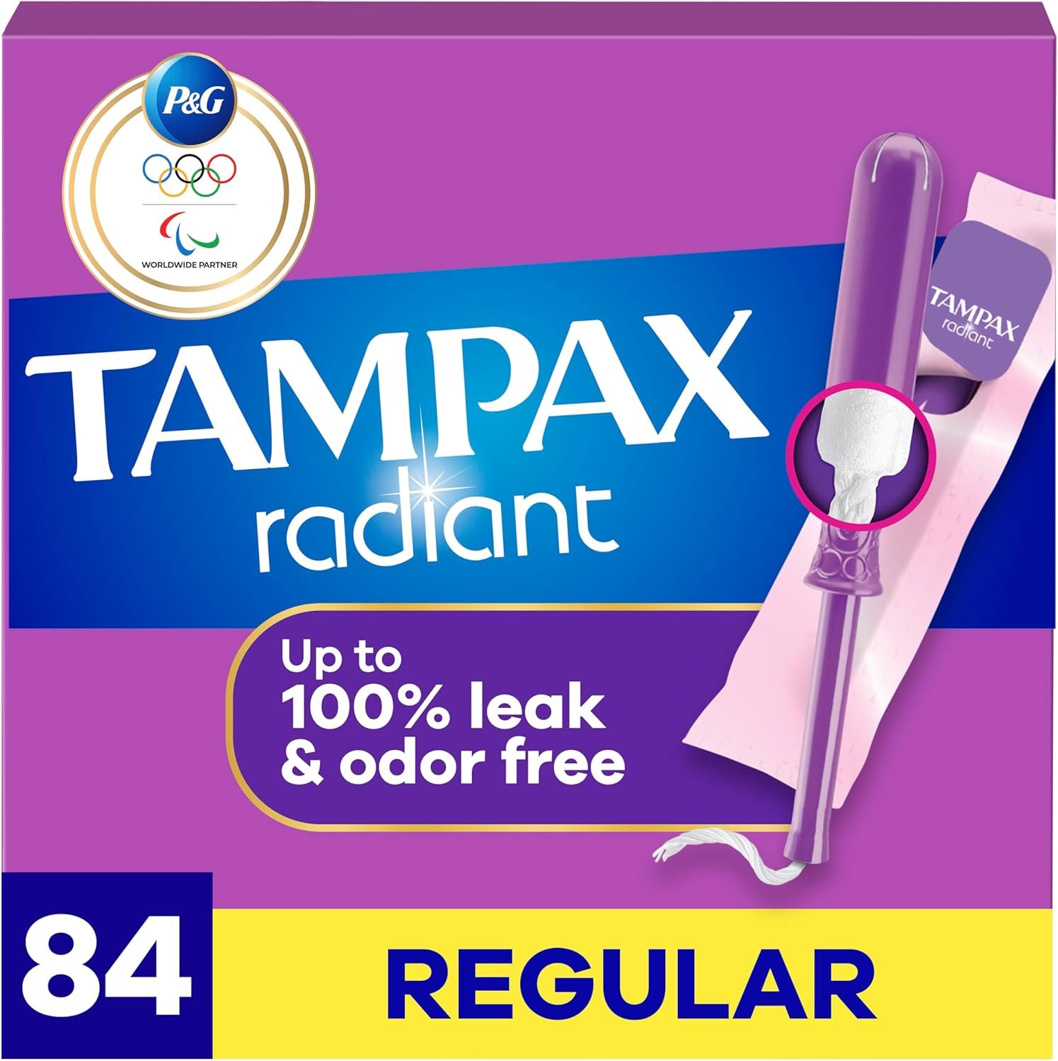 Tampax Radiant Tampons for Women, with LeakGuard Braid, Regular Absorbency, Unscented, 84 Count (3 Packs of 28)