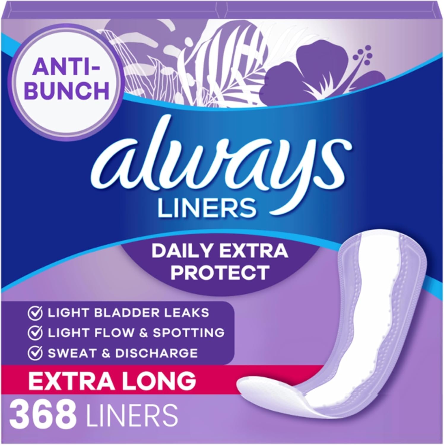 Always Panty Liners for Women Anti-Bunch Xtra Protection Daily Liners, Extra Long, Unscented, 92 Count x 4 (368 total)