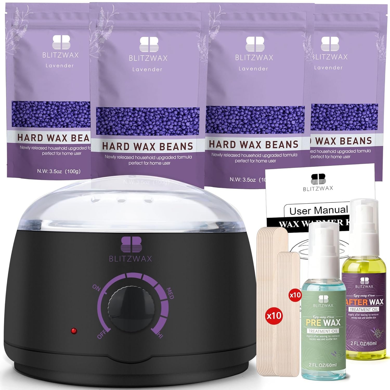 BLITZWAX Brazilian and Bikini Waxing Kit for Women, Hard Wax Warmer for Face, Legs, and Body, At Home Hair Removal Kit, Beginner Friendly, Quick Heating, 28 Accessories