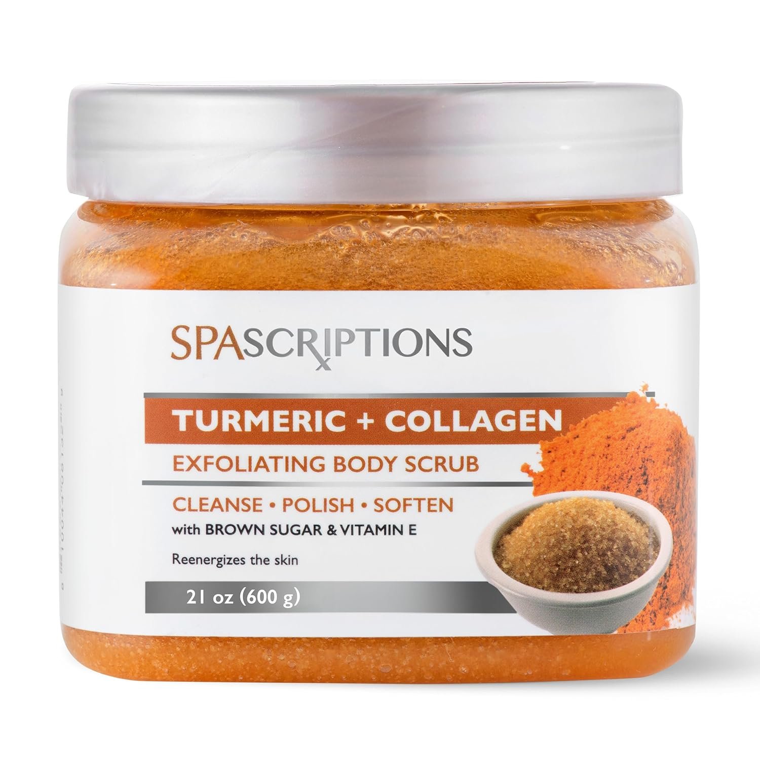 SpaScriptions Turmeric & Collagen Sugar Scrub – Brightening Body Scrub Exfoliator with Brown Sugar & Vitamin E, Ideal for for Dull & Uneven Skin Tone, Helps Support Glowing, Smooth & Firm Skin, 21 oz