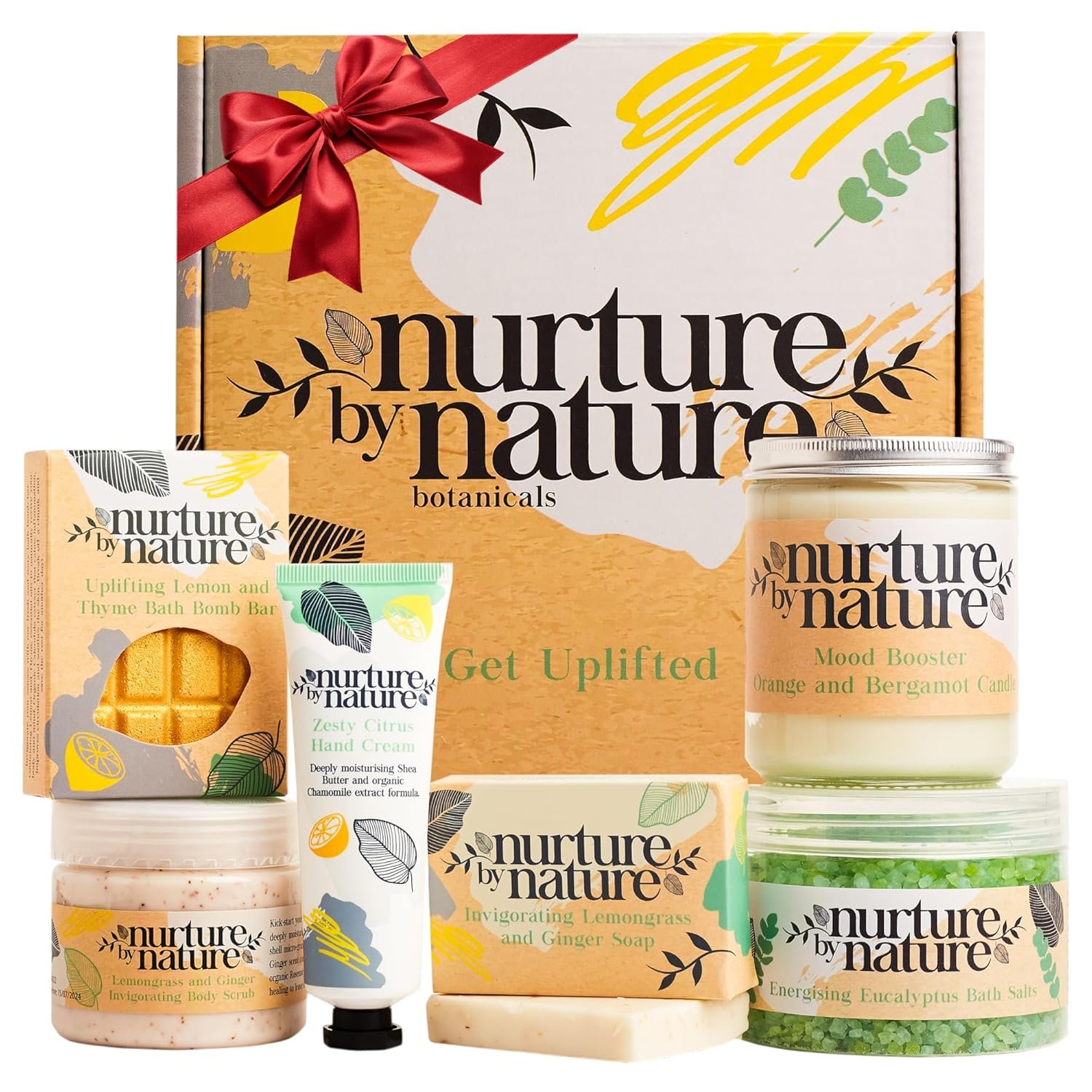 Nurture by Nature RELAX & UPLIFT Spa Kit for Women – Birthday Gifts for Women – 6 Piece Gift Basket with Hand Soap, Body Scrub, Hand Cream & More – Vegan Self Care Kit – Relaxation Gifts for Her