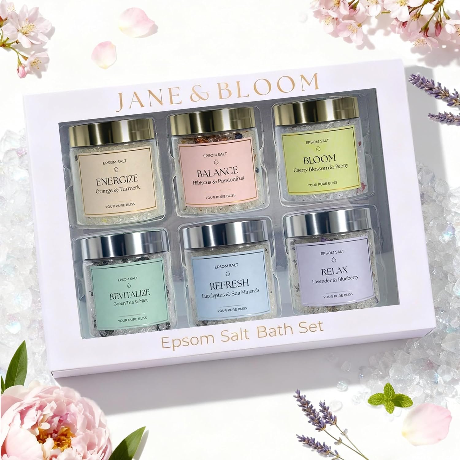 Epsom Salt Bath Gift Set – 6 Aromatherapy Blends with Essential Oils – Bath & Body Gift Set for Women, Stress Relief, Self Care, Birthday, Valentine’s Day Gifts – Jane & Bloom