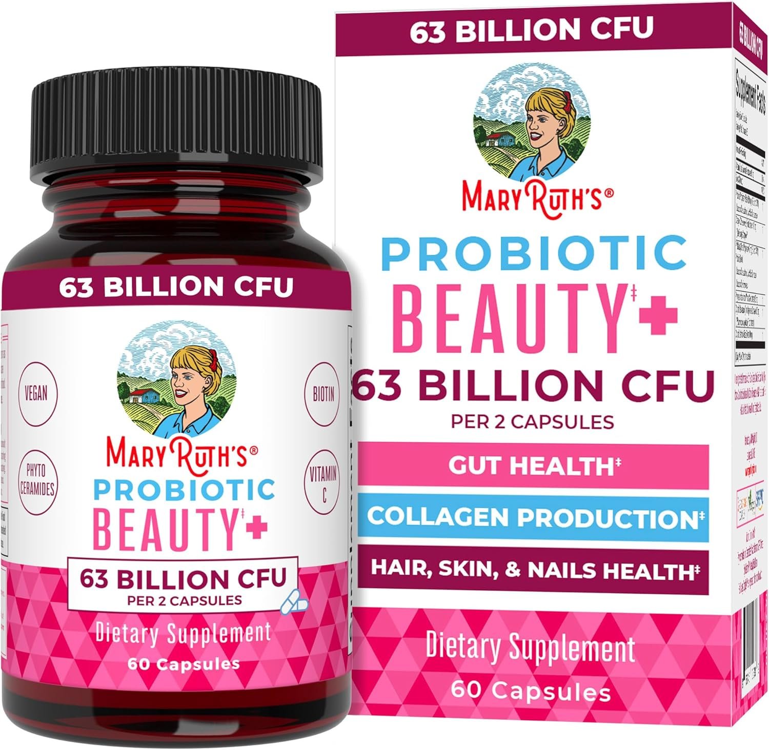 MaryRuth Organics Probiotic Beauty Capsules | Vegan Collagen Support | Anti Aging | Gut Health | Hair Skin and Nails Vitamins | Skin Care | Biotin | Non-GMO Project Verified | 60 Count