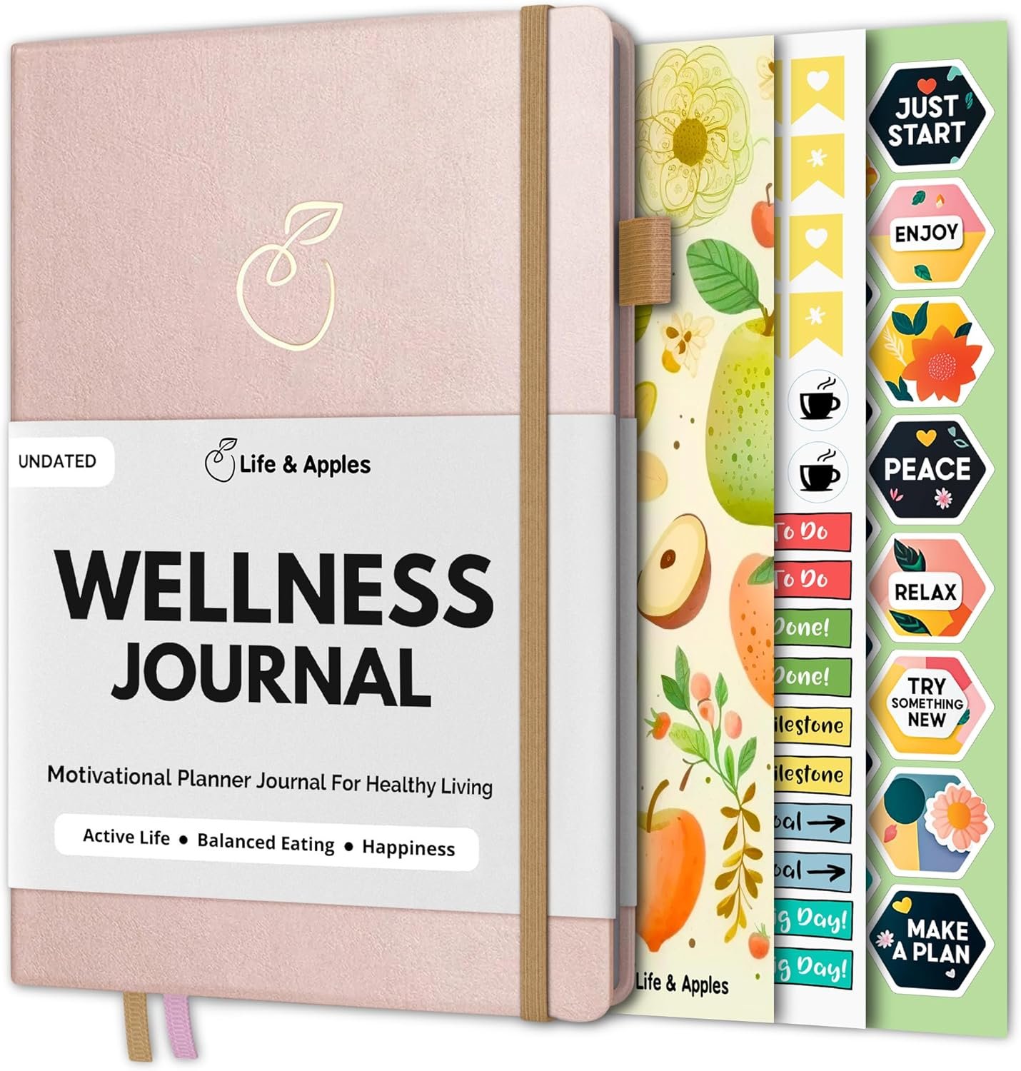 Life & Apples Wellness Planner – Food Journal and Fitness Diary with Daily Gratitude and Meal Planner for Healthy Living and Self-Care – Track Weight Loss Diet and Health Goals – Undated, Rose Gold
