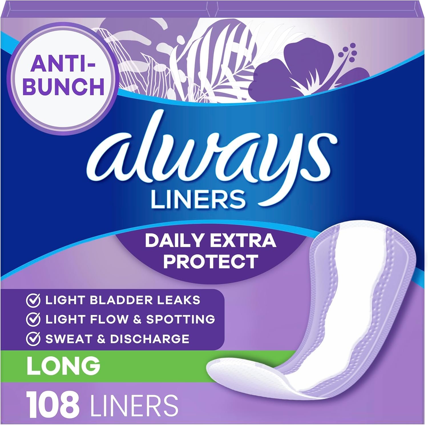 Always Panty Liners for Women Anti-Bunch Xtra Protection Daily Liners, Long, Unscented, 108 Count